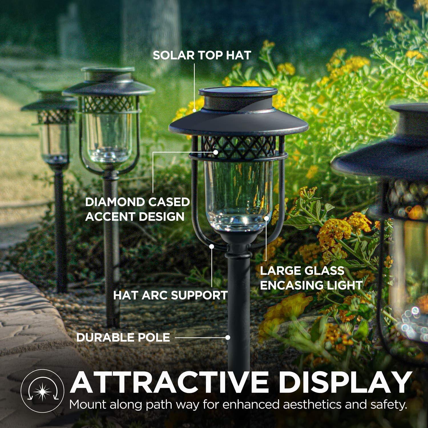 Home Zone Security Pathway & Garden Solar Glass Lights Stainless Steel (12-Pack) - Outdoor Landscape Lighting for Walkways, Driveways, and Backyard Decor