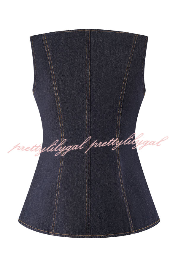 Stylish Stassi Denim Vest Top with Square Neck & Princess Seams - Button Up Fashion for Women | Perfect for Casual Outfits, Layering & Streetwear Looks