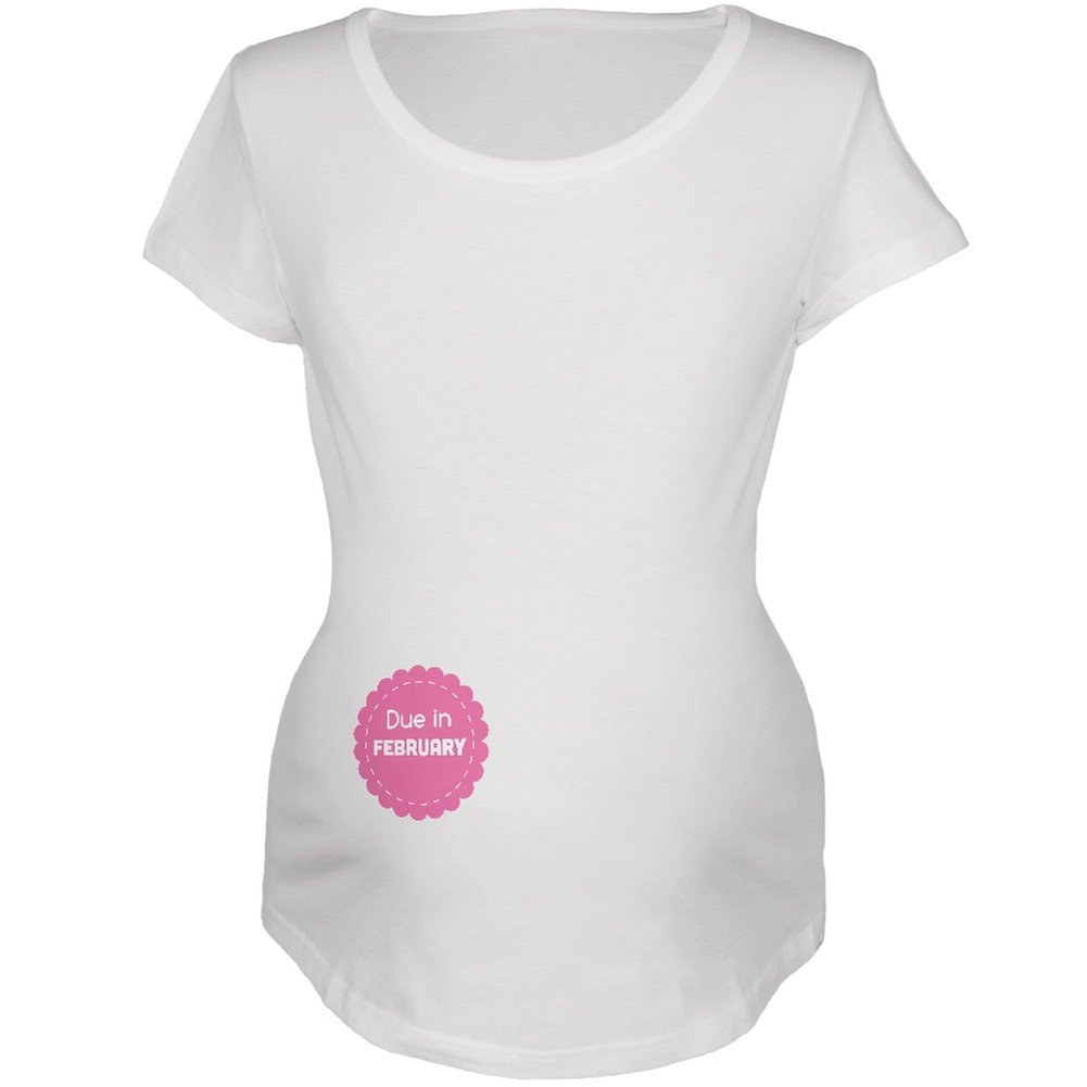 February Due Date Pink Girl Badge White Maternity Soft T-Shirt - Comfortable Pregnancy Tee for Baby Shower & Gender Reveal