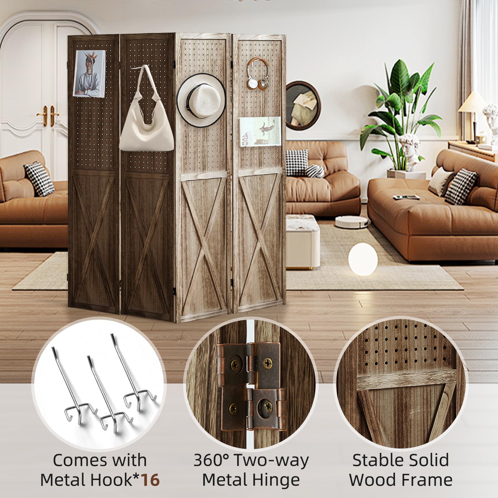Wooden 4-Panel Folding Room Divider with Pegboard - 5.6Ft Portable Privacy Screen & Display Organizer for Jewelry, Crafts, Art Shows - Perfect for Home Office, Retail Stores & Event Displays (Brown)
