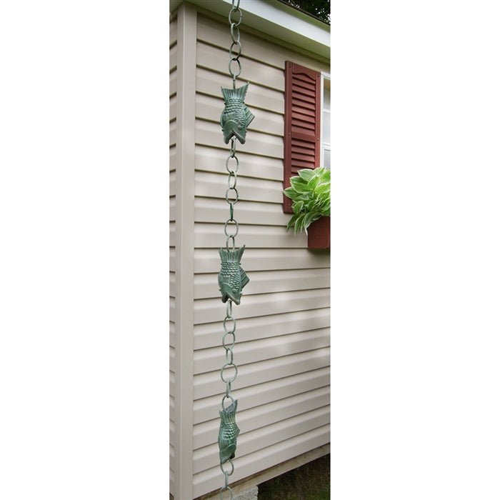 Verde Fish Rain Chain - 8.5 ft Decorative Garden Water Chain with 4 Large Handcrafted Figures | Perfect for Outdoor Patio, Yard Drainage & Zen Water Feature Decor