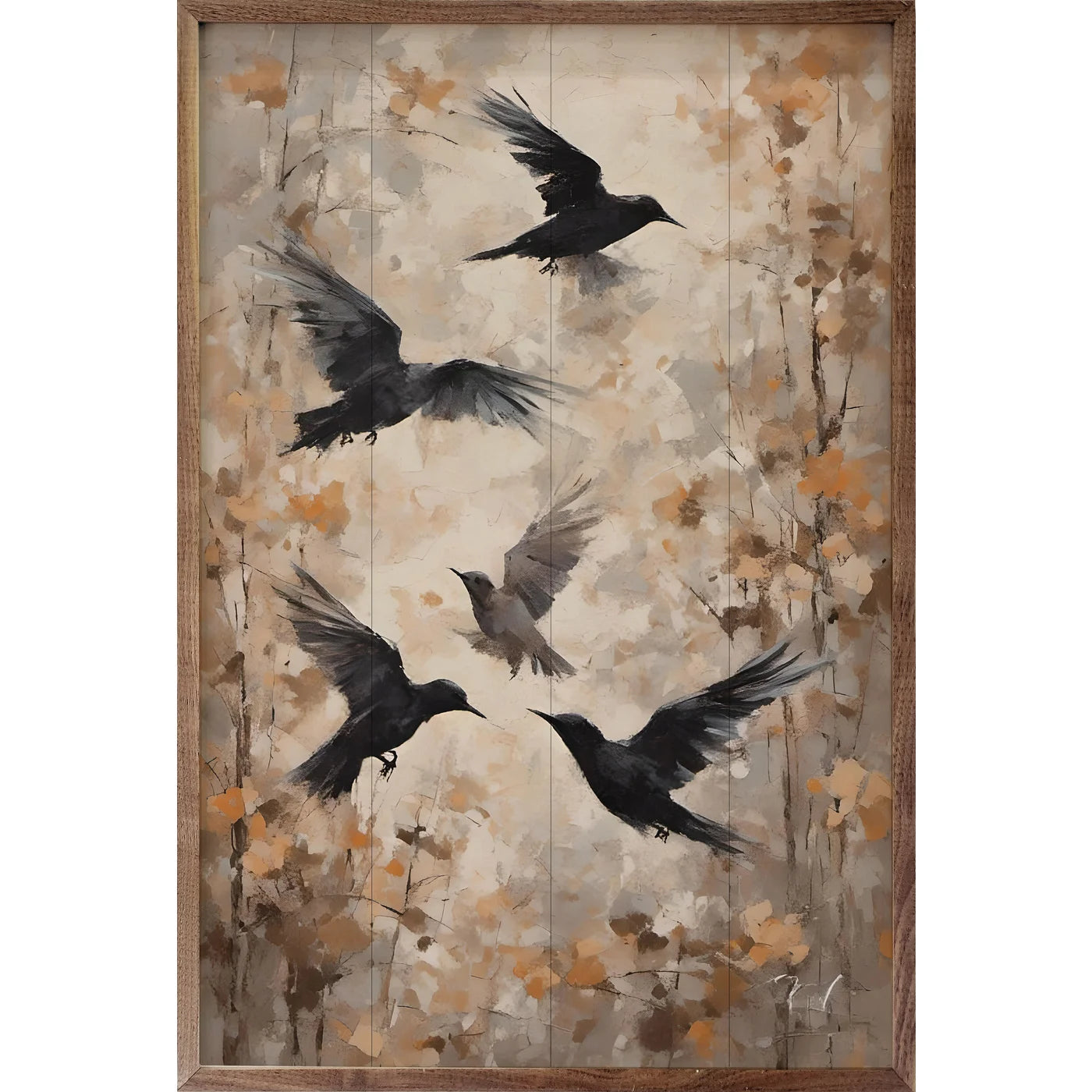 Crows Wood Framed Print - Nature Wall Art Decor for Living Room, Bedroom & Office - Gothic Crow Painting on Wooden Frame