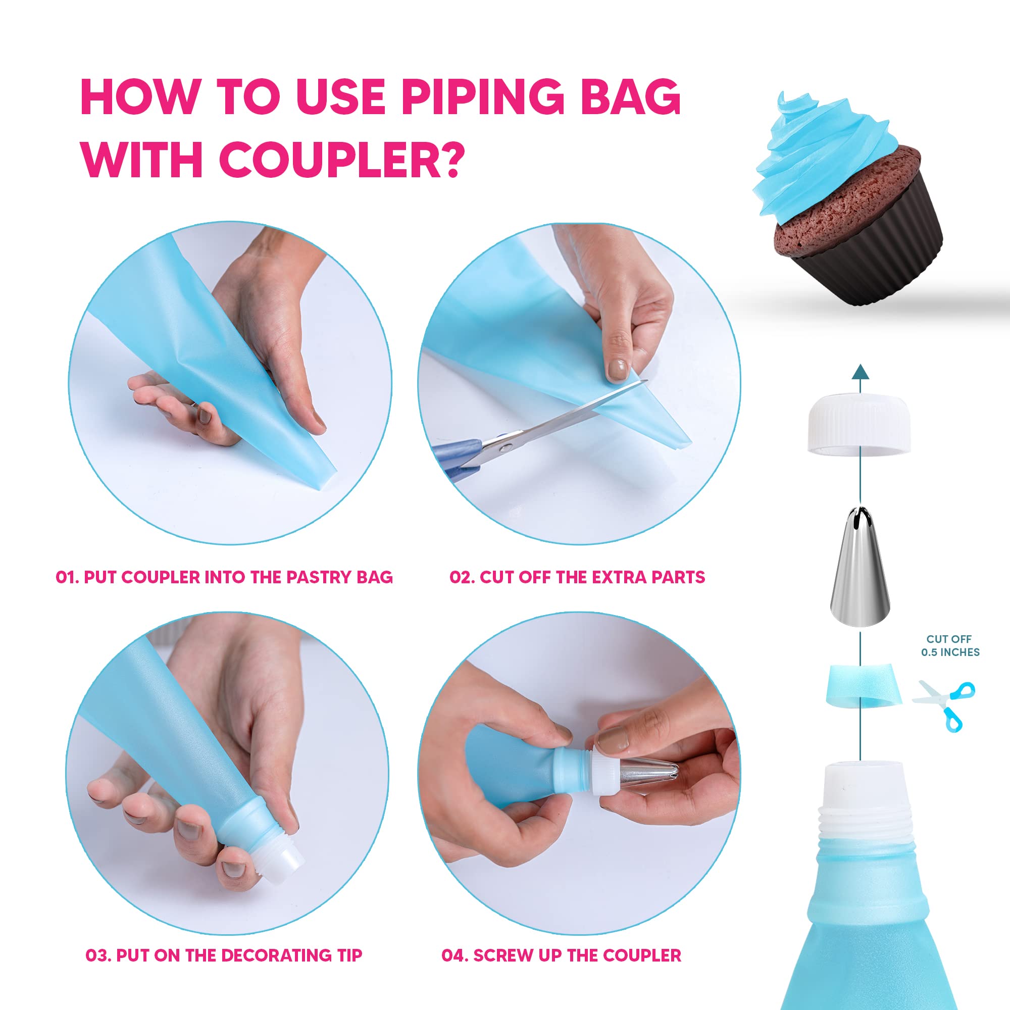 Premium Cake Decorating Kit - 2 Reusable Icing Bags, 12 Stainless Steel Piping Tips, 3 Scrapers, 2 Couplers & 6 Ties for Baking, Cupcake & Cookie Decorating - Professional Pastry Tools for Home Bakers & Cake Artists