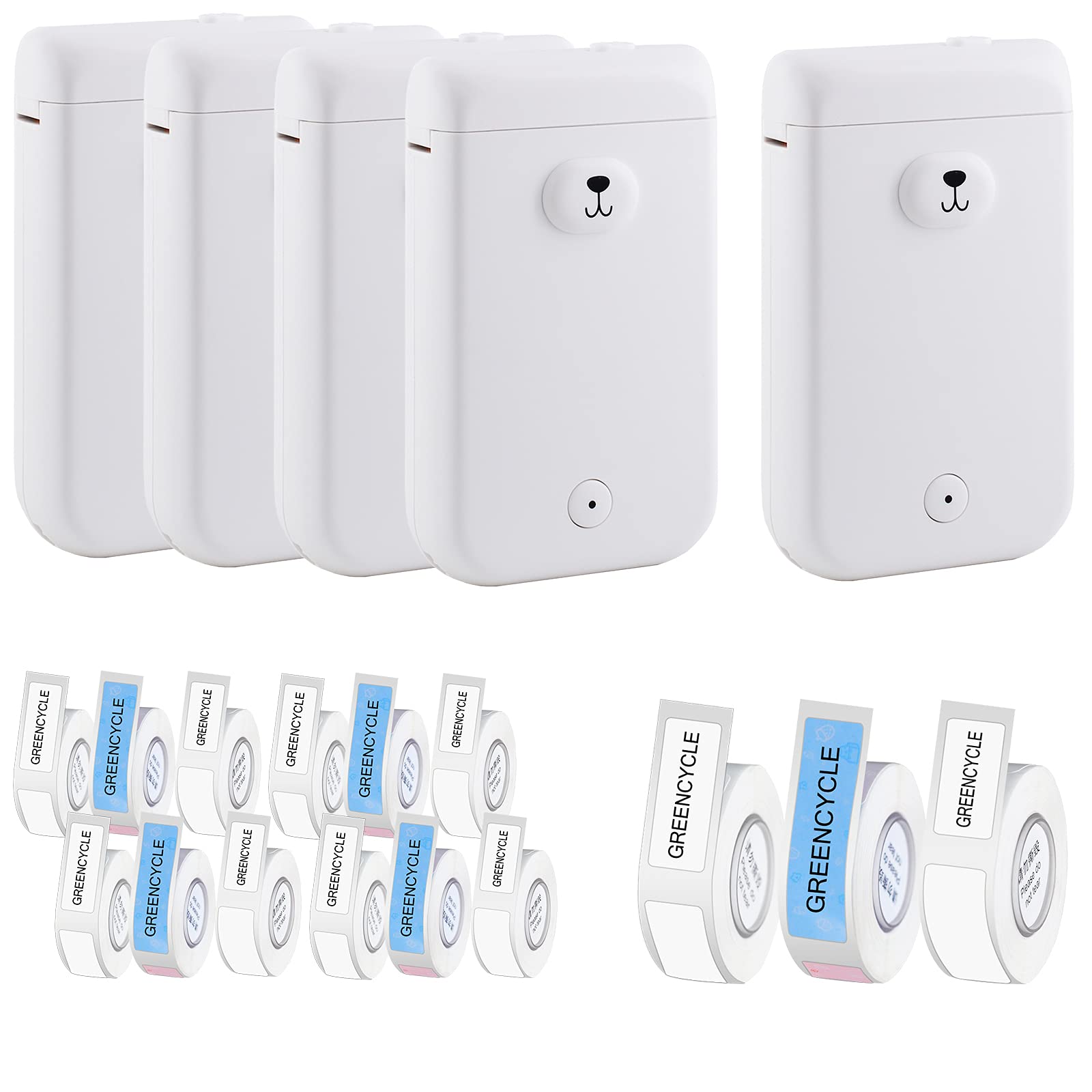 GREENCYCLE D30S 5-Pack Smart Bluetooth Thermal Label Printer - Portable Handheld Label Maker Machine for Shipping, Packaging & Organizing (White) - Wireless Sticker Printer Compatible with Android & iOS - Includes Label Tape for Home, Office & Small Business Use