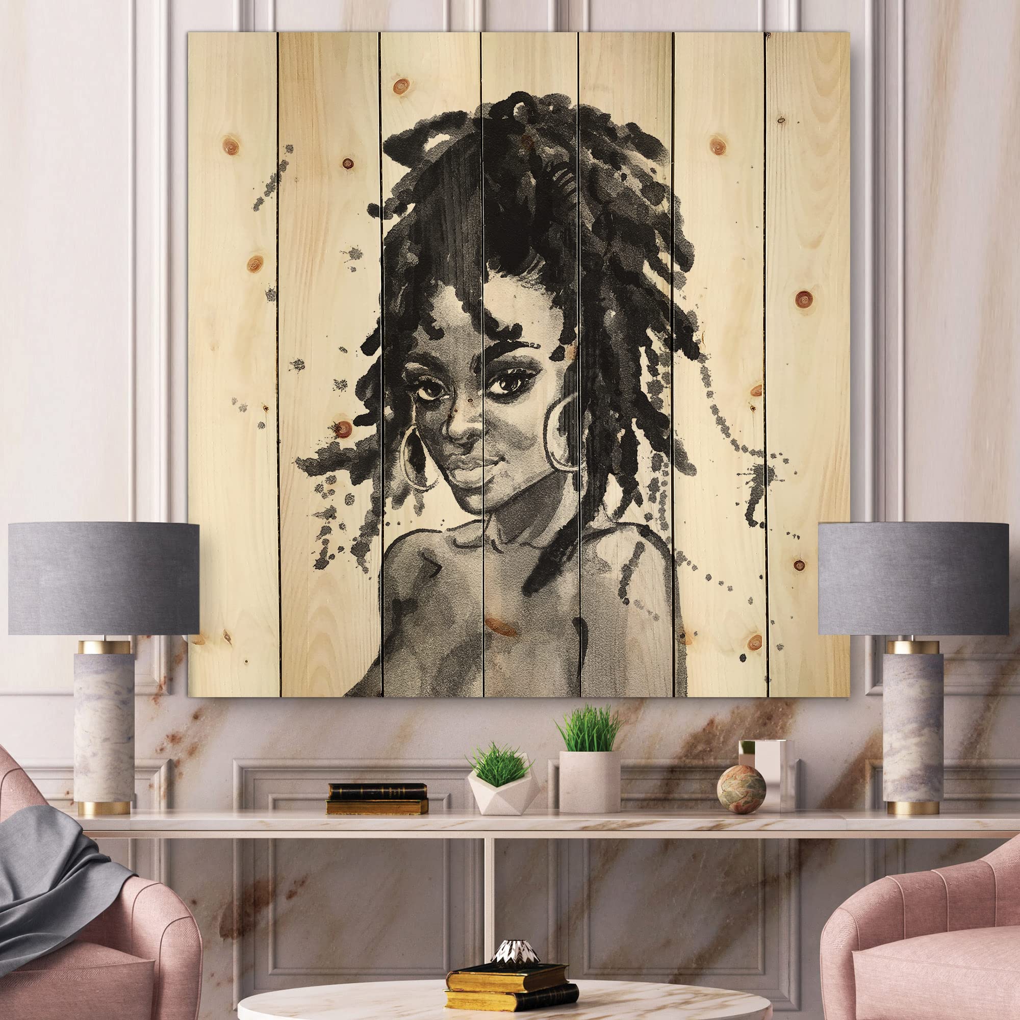 Modern African American Woman Portrait Wood Wall Art - Large Black & White Pine Decor for Living Room