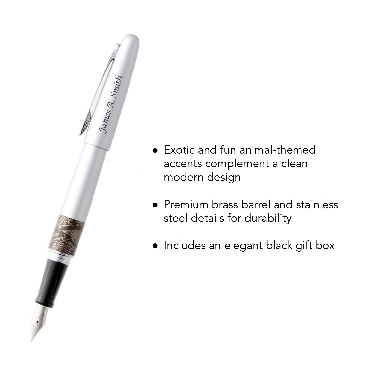 PILOT Engraved Personalized Metropolitan Animal Collection Fountain Pen Gift Set - Silver Python Pattern for Writers, Professionals & Graduation Gifts