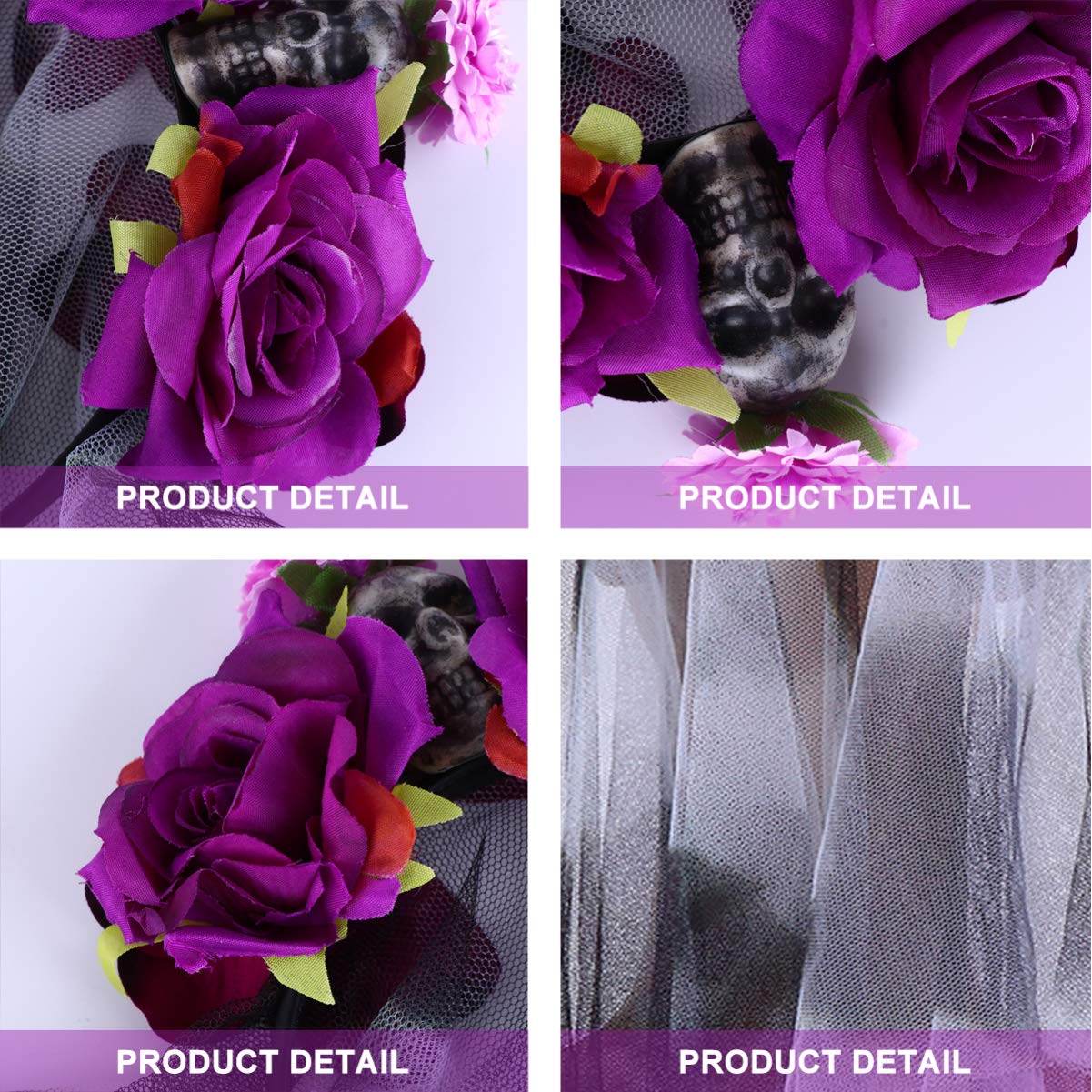 Beaupretty Day of The Dead Floral Rose Headband with Veil & Skull Decor - Gothic Halloween Hair Accessory for Women, Bridal Shower, Costume Parties & Dia de Los Muertos Celebrations