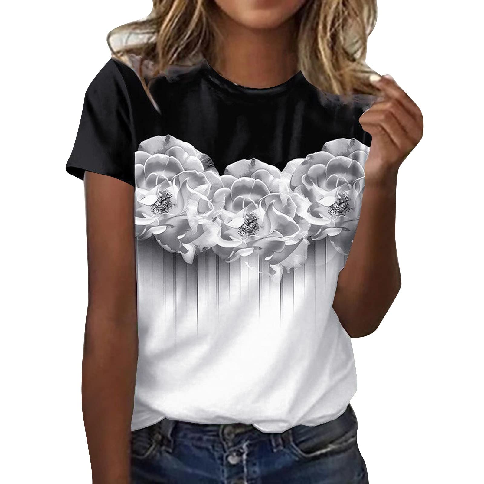 Stylish Plus Size Women's Summer Tops - Floral Print O-Neck Short Sleeve Casual Loose Blouse T-Shirt for Beach, Vacation & Everyday Wear