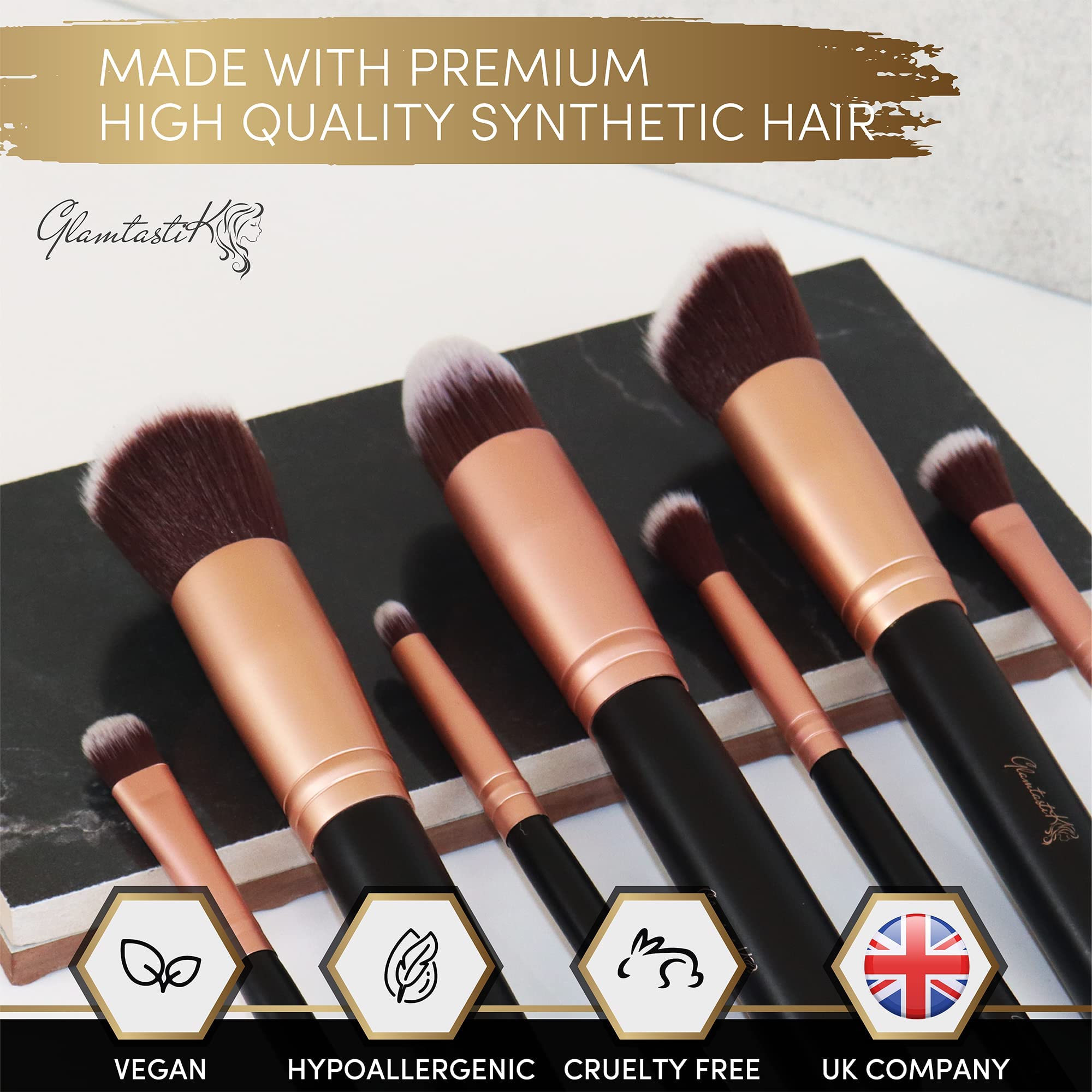 Glamtastik® 19-Piece Vegan Makeup Brush Set - Professional Kabuki Brushes, Beauty Blender & Makeup Remover Pad with Brush Cleaner & Case | Perfect for Travel, Bridal & Everyday Makeup | UK Brand