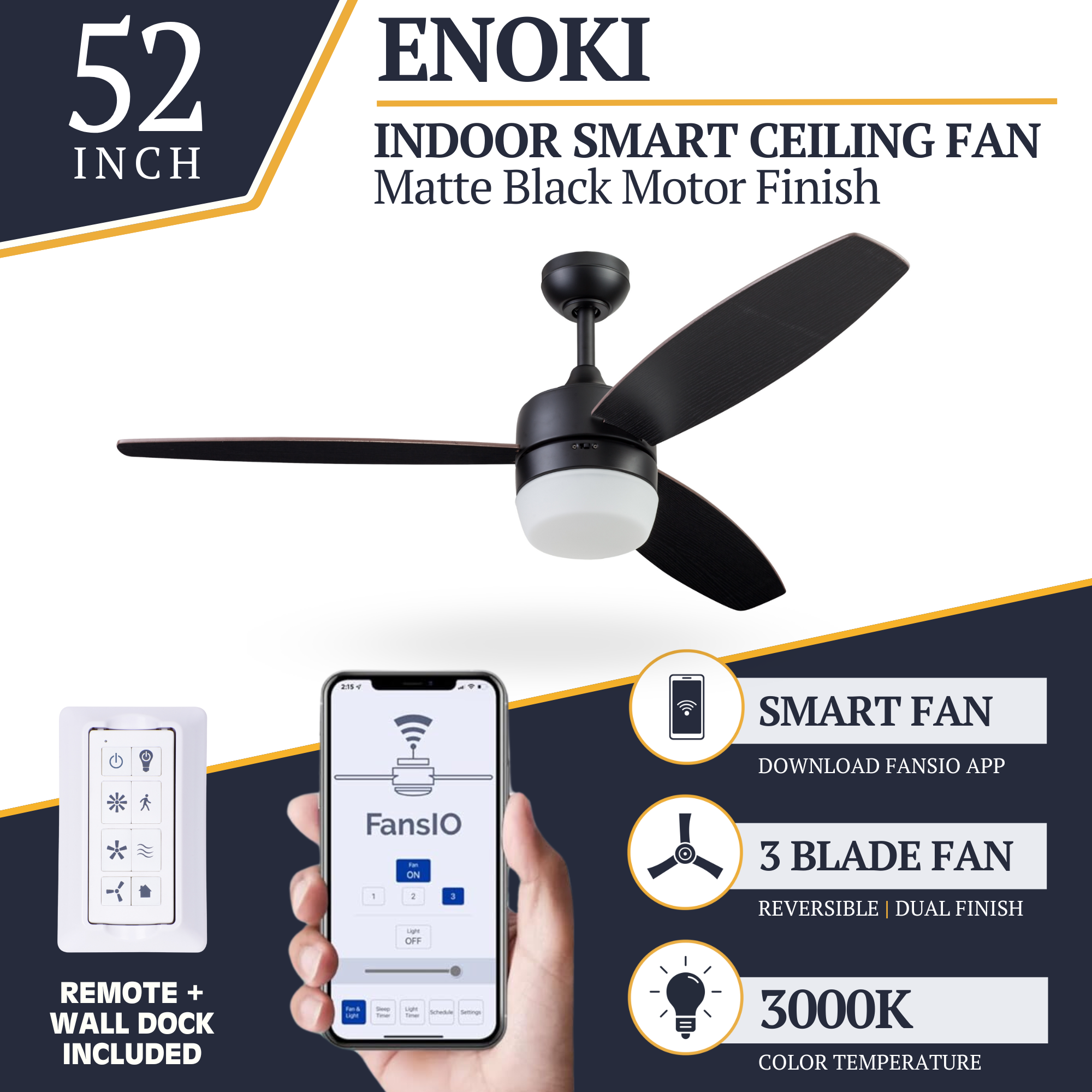 52 Inch Smart Ceiling Fan with Remote Control - Matte Black Finish - Quiet Operation, Energy Efficient - Perfect for Living Room, Bedroom, and Office Spaces