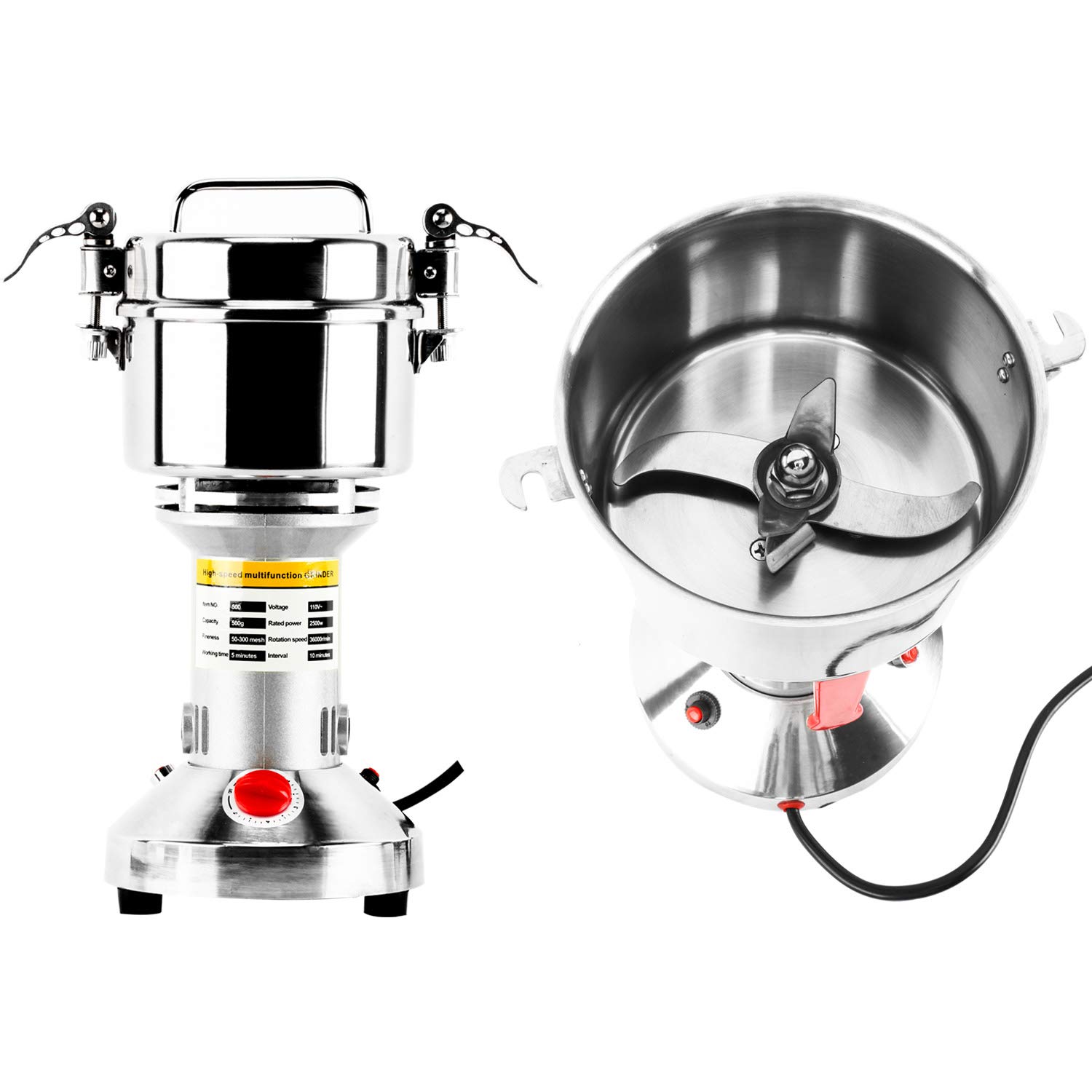 500g Commercial Electric Grain Mill Grinder - 2500W High-Speed Stainless Steel Powder Machine for Spices, Herbs, Coffee & Pepper - 70-300 Mesh, 36000 RPM - Perfect for Home Kitchens, Bakeries & Coffee Shops