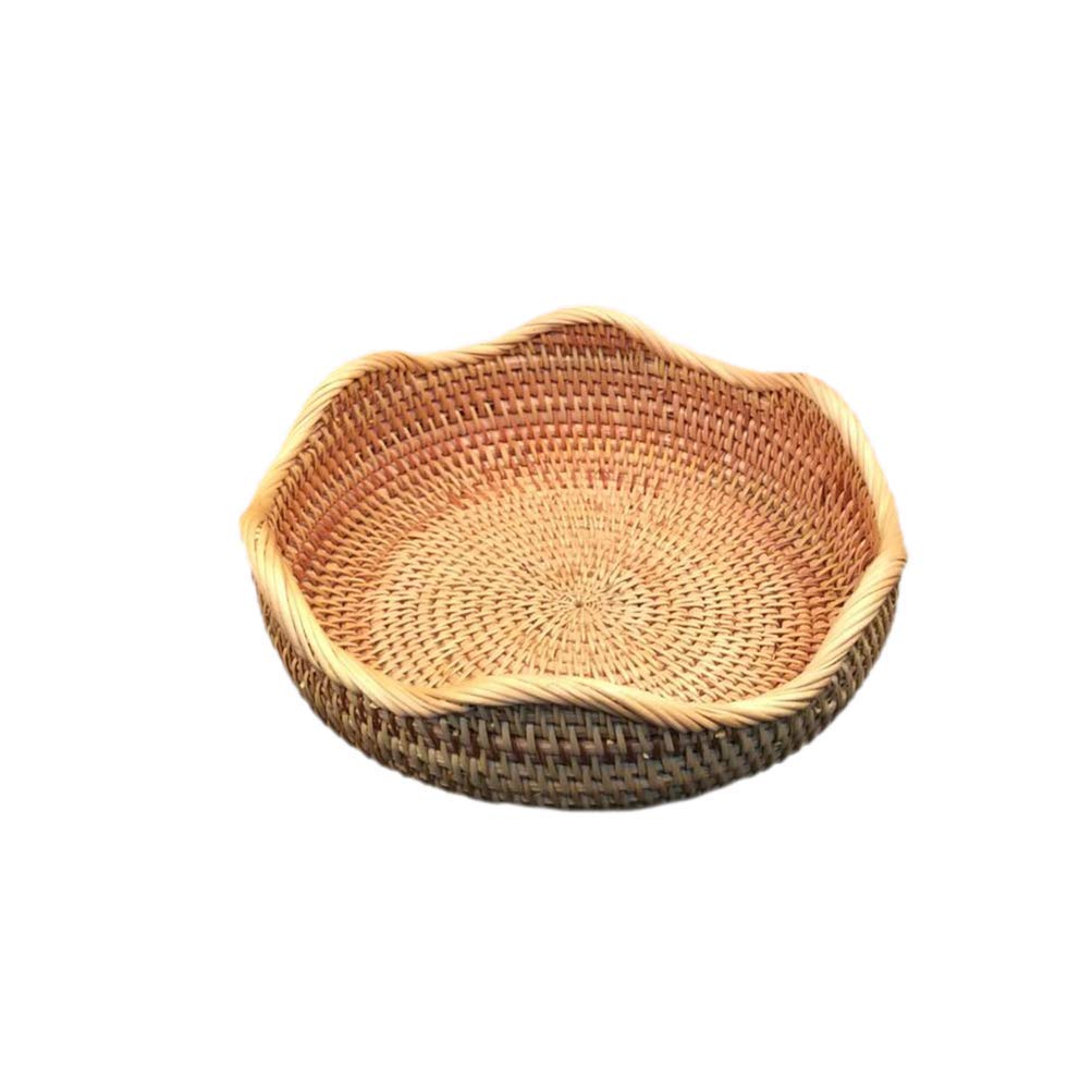 Round Rattan Fruit Basket - Woven Wicker Food Tray & Storage Bowl Holder - Kitchen Organizer & Snack Serving Bowl (Size L) - Perfect for Dining Table, Picnic, Party & Home Decor