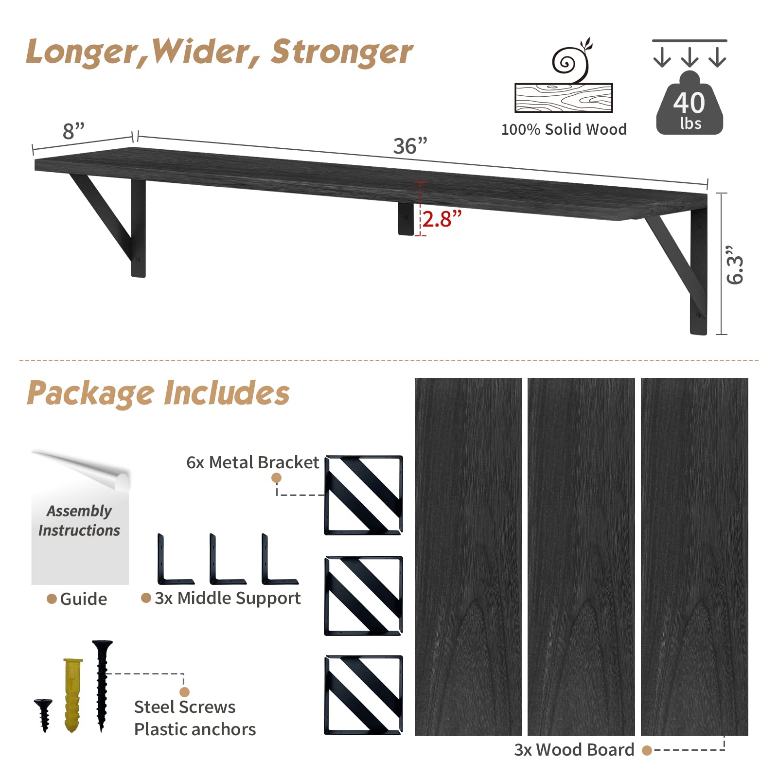 Forbena 36 Inch Floating Shelves Set of 3 - 8 Inch Deep Wall Mounted Shelves for Bedroom, Living Room & Library - Heavy Duty Wide Shelving for Books, Storage & Closet Organizers - Black - Perfect for Home Decor, Display & Organization