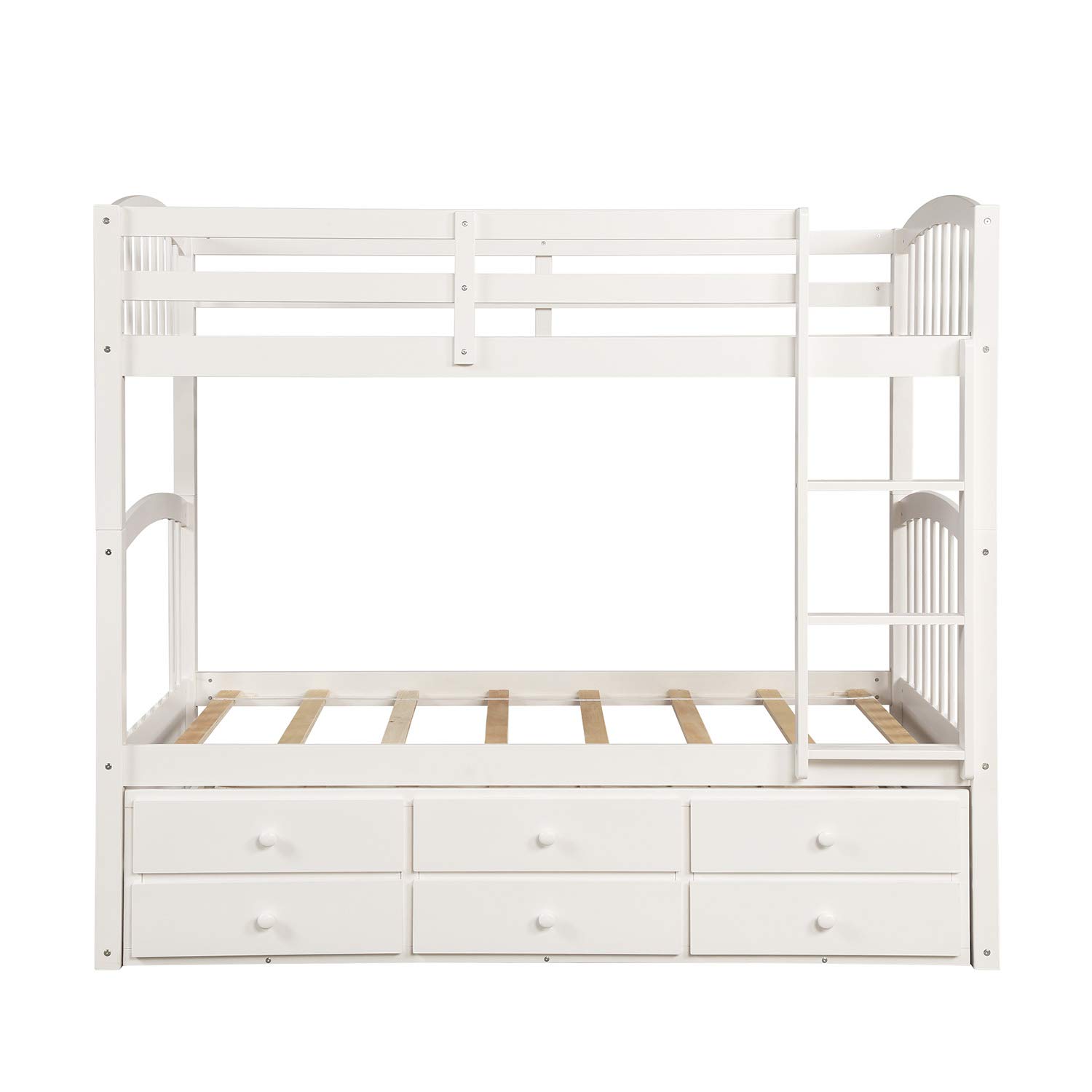 JULYFOX Twin Over Twin Pine Wood Bunk Bed with Ladders, Trundle & Drawers - Full Length Guard Rails, No Box Spring Needed - 3 Bed Frames for Kids, Teens & Small Spaces - White - Perfect for Shared Kids' Rooms, Sleepovers & Space-Saving Bedroom Solutions
