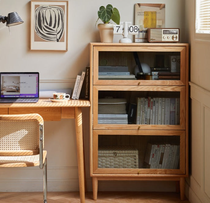 Solid Oak Wood Multi-Layer Flip Door Side Cabinet & Bookcase - Perfect for Living Room, Bedroom, and Office Storage & Organization