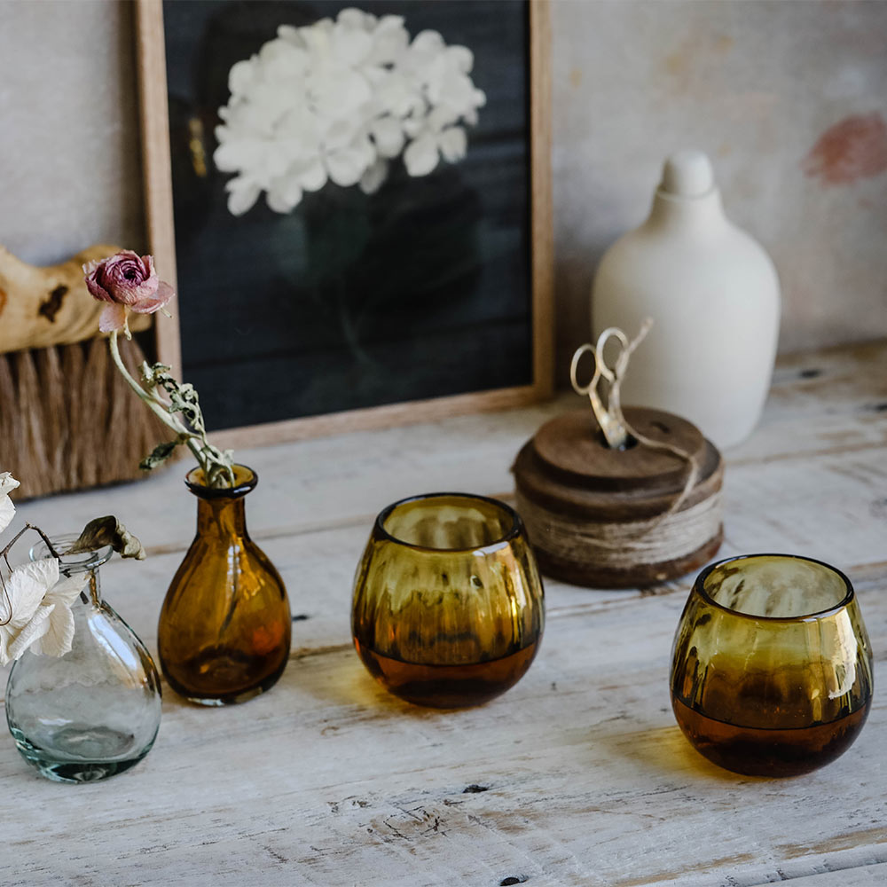 Recycled Glass Shorty Tumbler - Fluted Amber Design - Perfect for Cocktails, Iced Coffee & Home Decor
