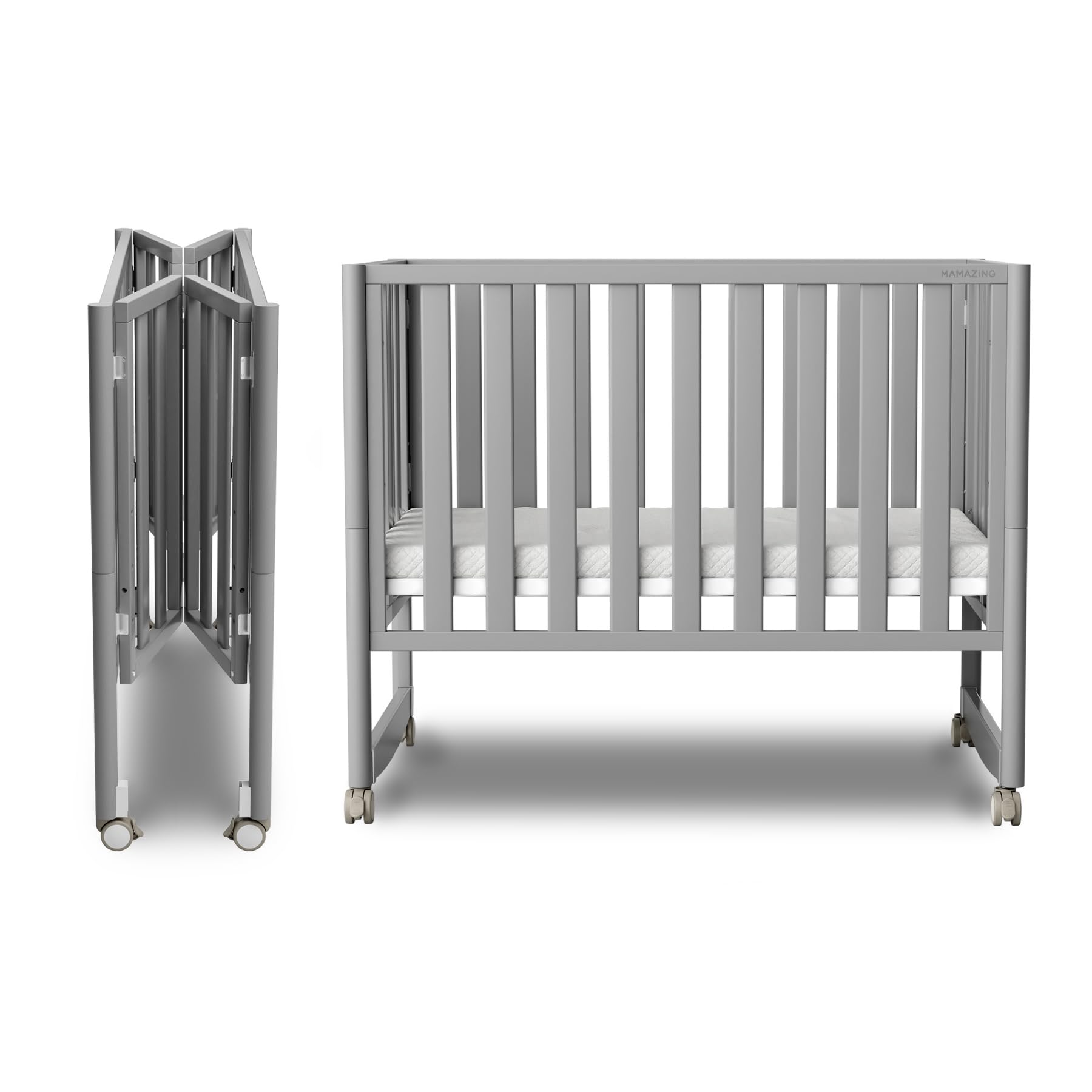 EvoNook 7-in-1 Convertible Mini Crib - Portable Folding Baby Bed with Wheels, 100% New Zealand Pine Wood, 4 Adjustable Heights (Crib to Toddler Bed) - Perfect for Nursery, Small Spaces & Travel