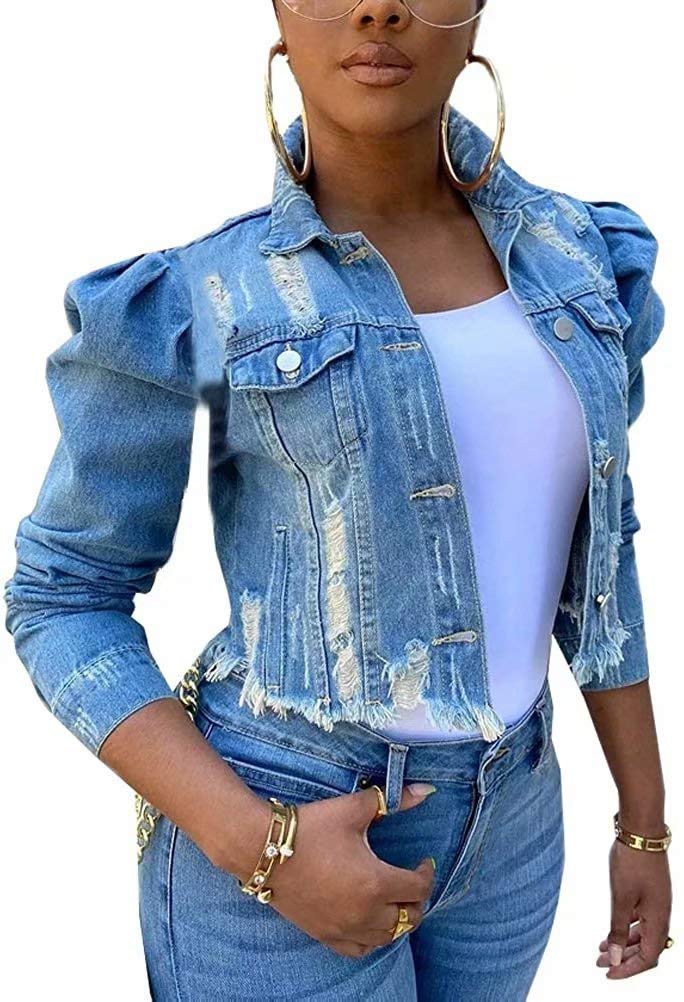 Women's Distressed Ripped Long Sleeve Denim Crop Top Jacket - Boyfriend Style Jean Coat for Casual Outfits & Streetwear Fashion