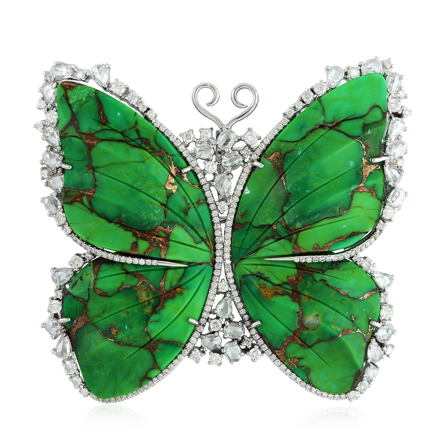 18K White Gold Rose Cut Diamond Turquoise Butterfly Brooch - Elegant Jewelry Gift for Women, Birthday, Anniversary & Special Occasions
