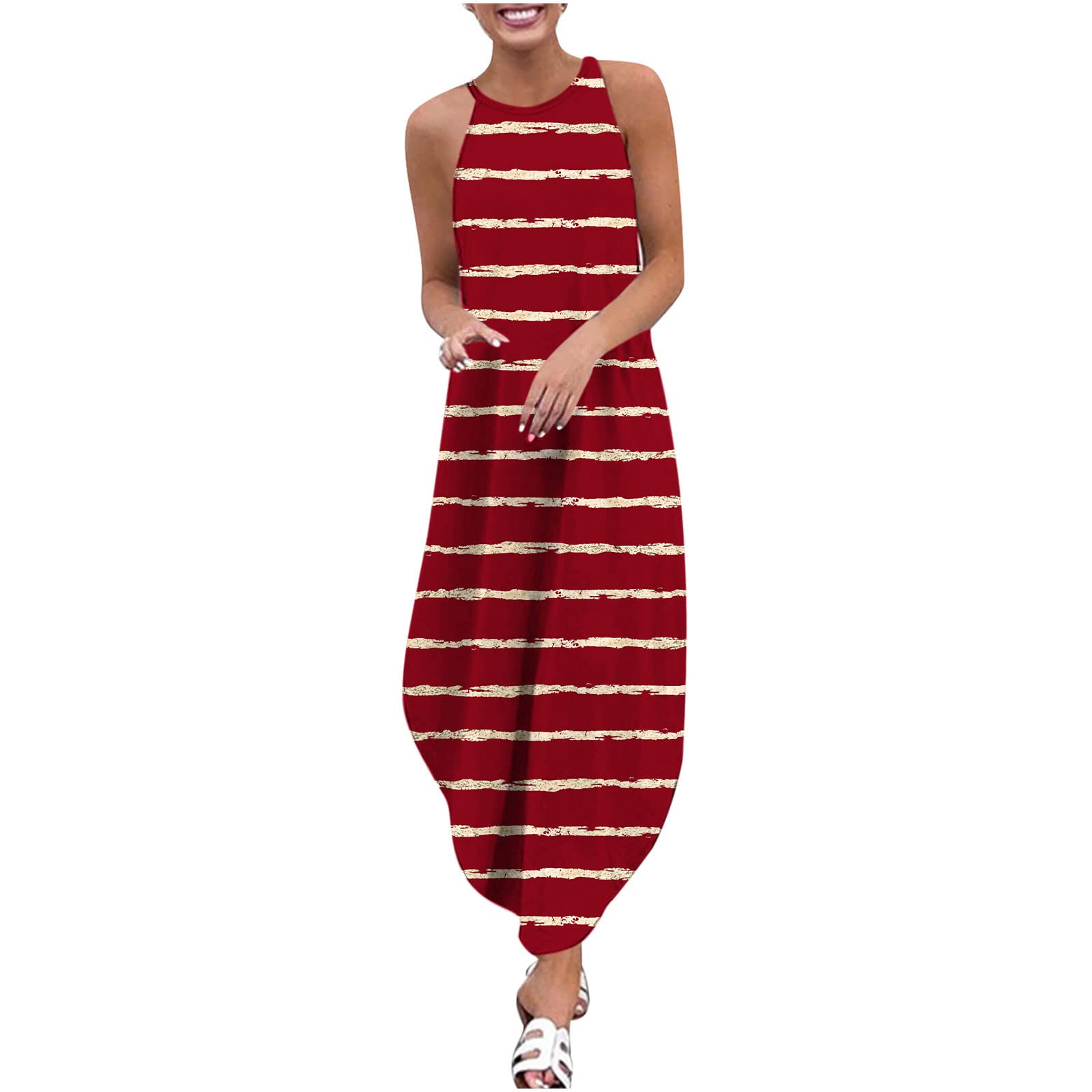 ESCBUKI Women's Geometric Print Maxi Dress - Long Sleeveless Halter Neck Summer Dress for Vacation, Beach, Party & Casual Wear