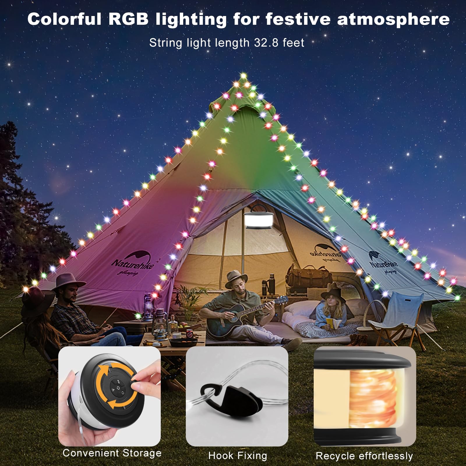 **19 Lighting Modes 32.8FT Rechargeable Camping String Lights - Outdoor Retractable LED Tent Lights for Camping, Party, Christmas & Backyard Decor (Black)**    **Perfect for:** Camping trips, garden parties, holiday decorations, backyard gatherings, and cozy outdoor ambiance.