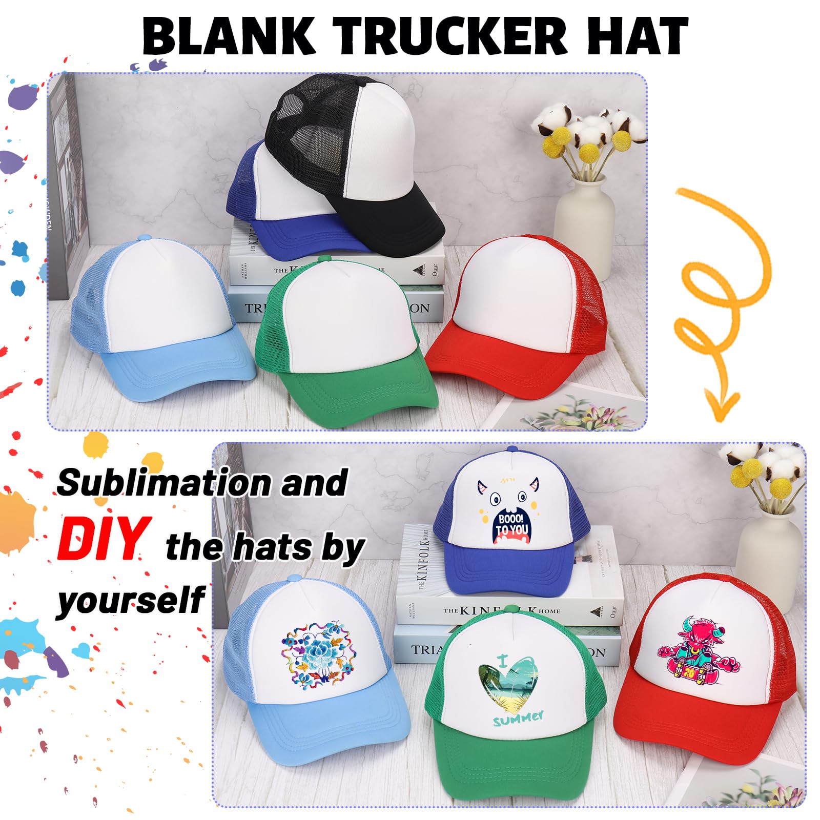 Ultrafun 10 Pack Blank Trucker Hats - Bulk Sublimation Baseball Caps for Men & Women - Adjustable Mesh Back for Comfort - Perfect for Sports, Outdoor Activities & Custom Printing