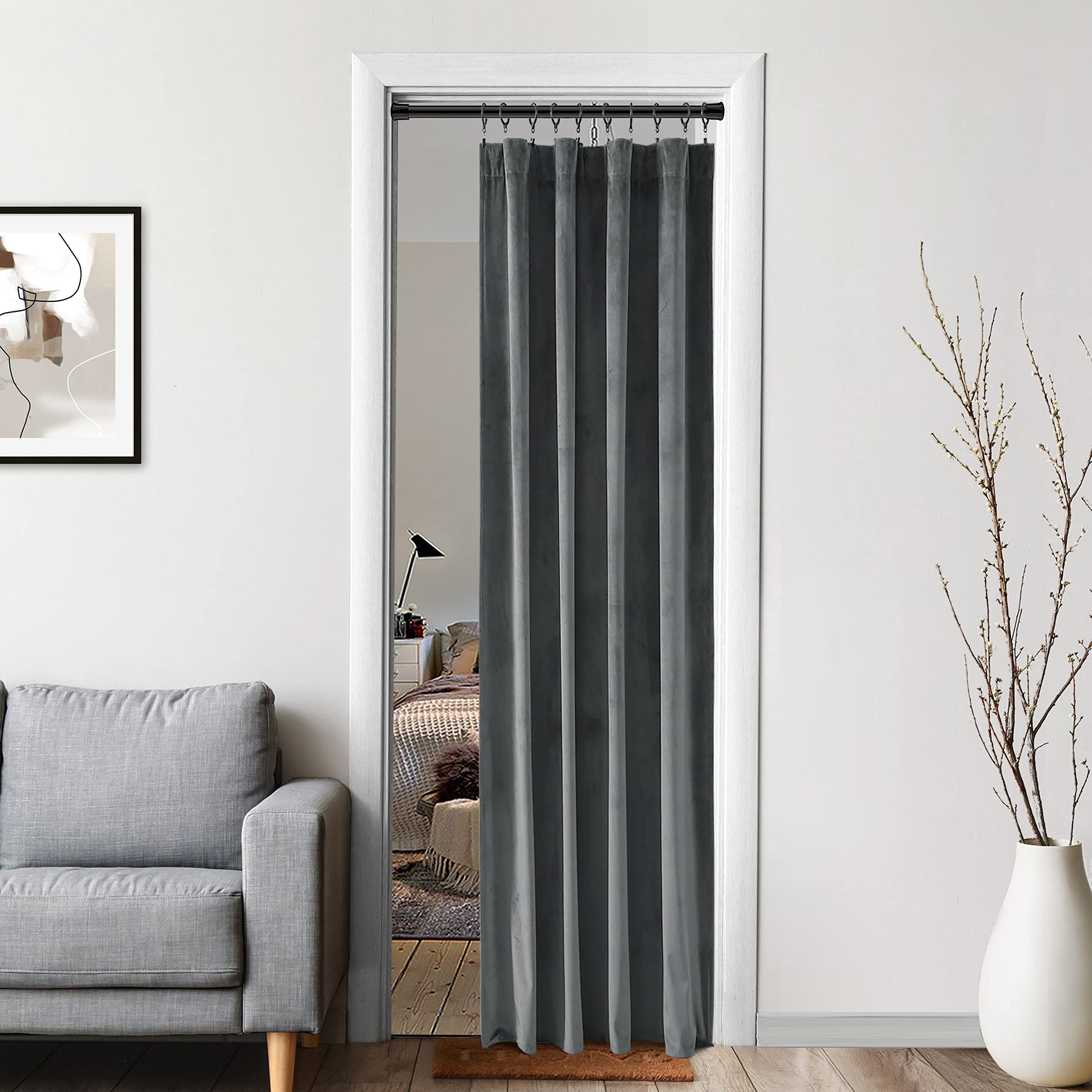 XTMYI Grey Velvet Privacy Room Divider Curtains - Soundproof Folding Screen for Office, Bedroom & Living Room | Back Tab Door Hanging Panel for Indoor Partition (60-70% Noise Reduction) - Perfect for Home Offices, Studio Apartments & Room Separation