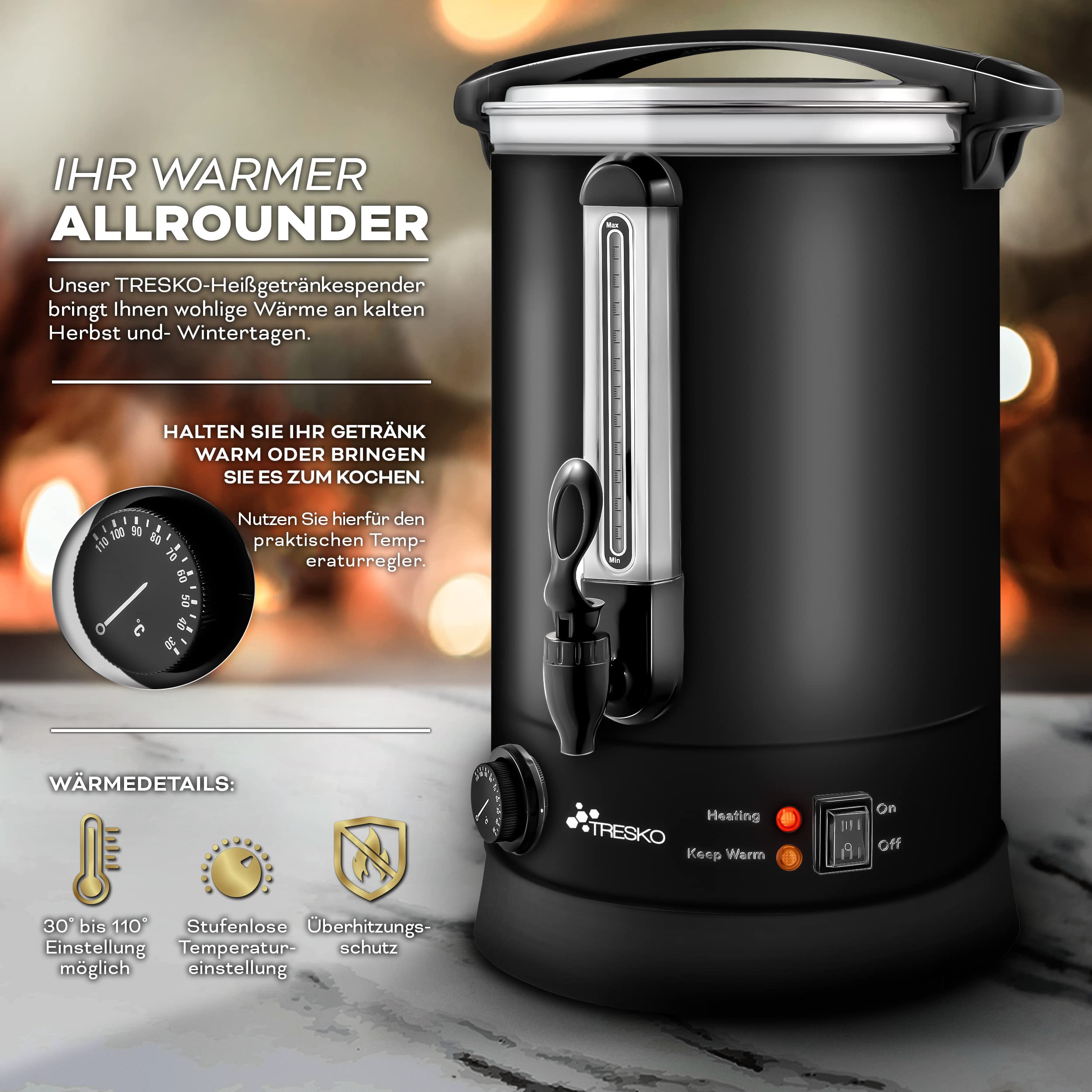 TRESKO® 20L 2500W Automatic Stainless Steel Mulled Wine Warmer - Hot Beverage Dispenser & Hot Water Distributor for Restaurants, Cafes & Holiday Parties