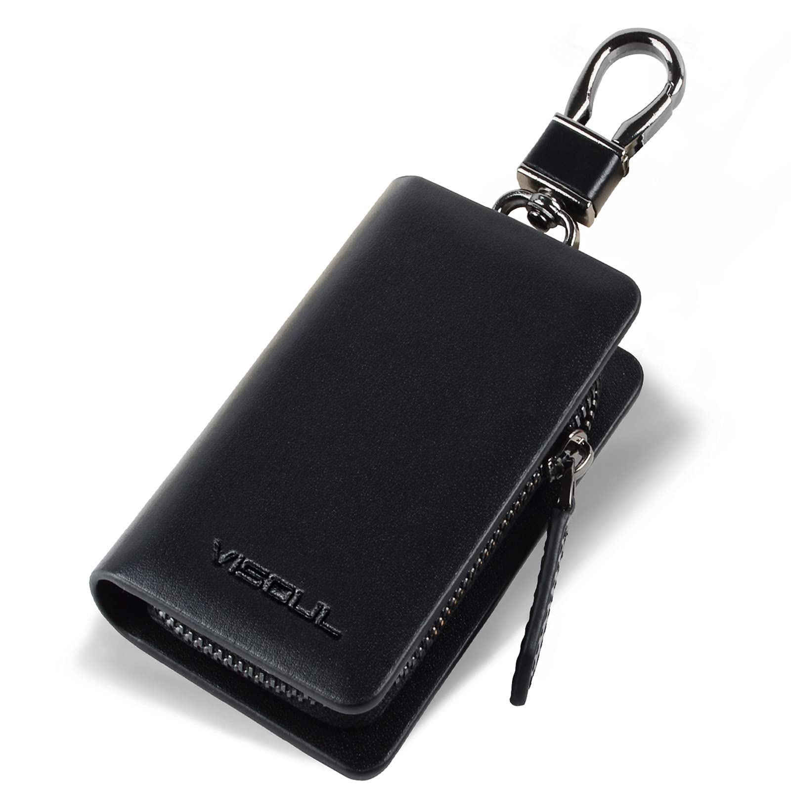 Premium Genuine Leather Key Fob Case with Zipper Closure & Metal Hook - Universal Car Key Protector Cover for Men & Women - Perfect for Key Organization at Home, Office, and Travel