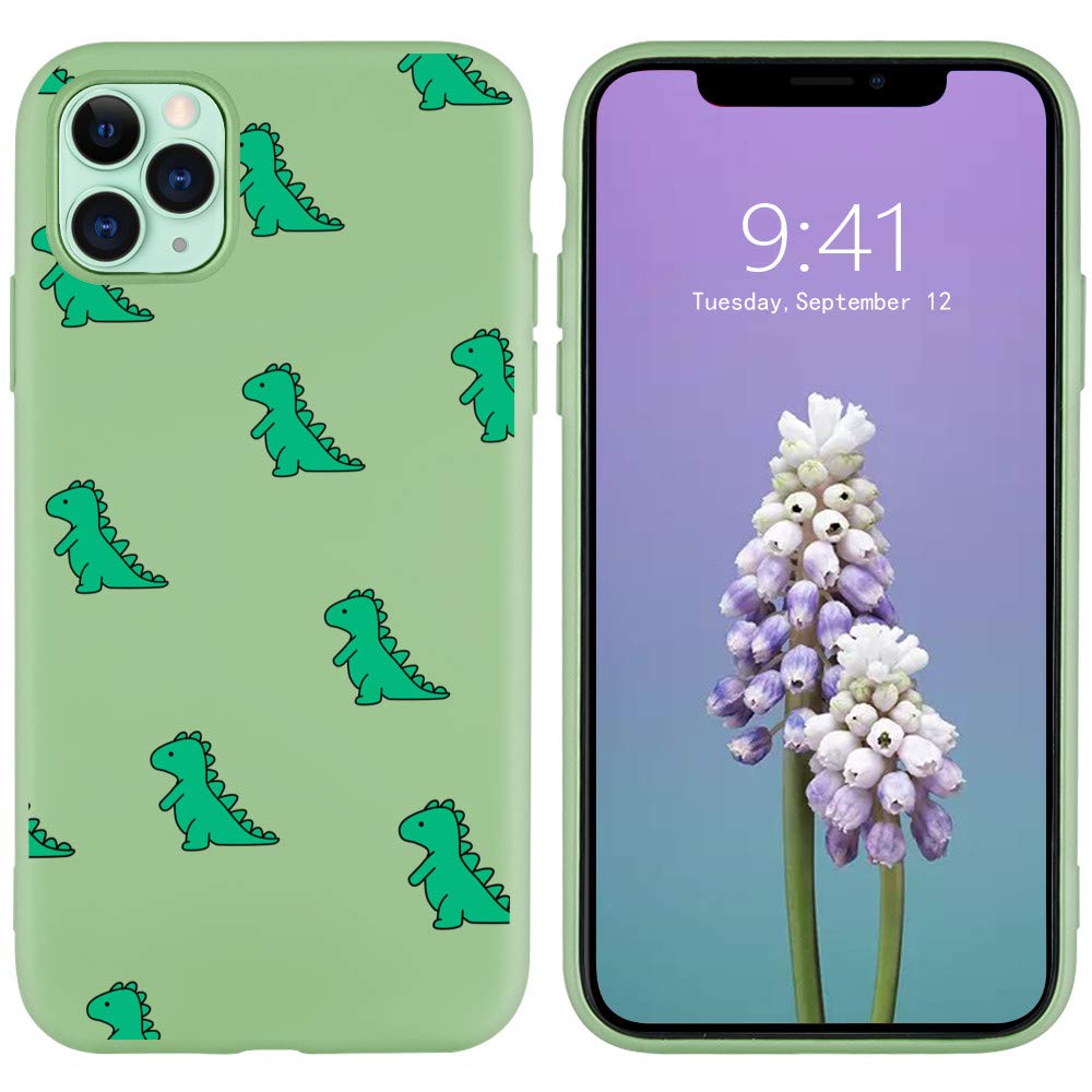 Durable Soft Liquid Silicone Rubber Phone Case for iPhone 11 - Cute Dinosaur Pattern, Mustard Green with Microfiber Lining | Shockproof Protective Cover for Everyday Use, Work & Travel