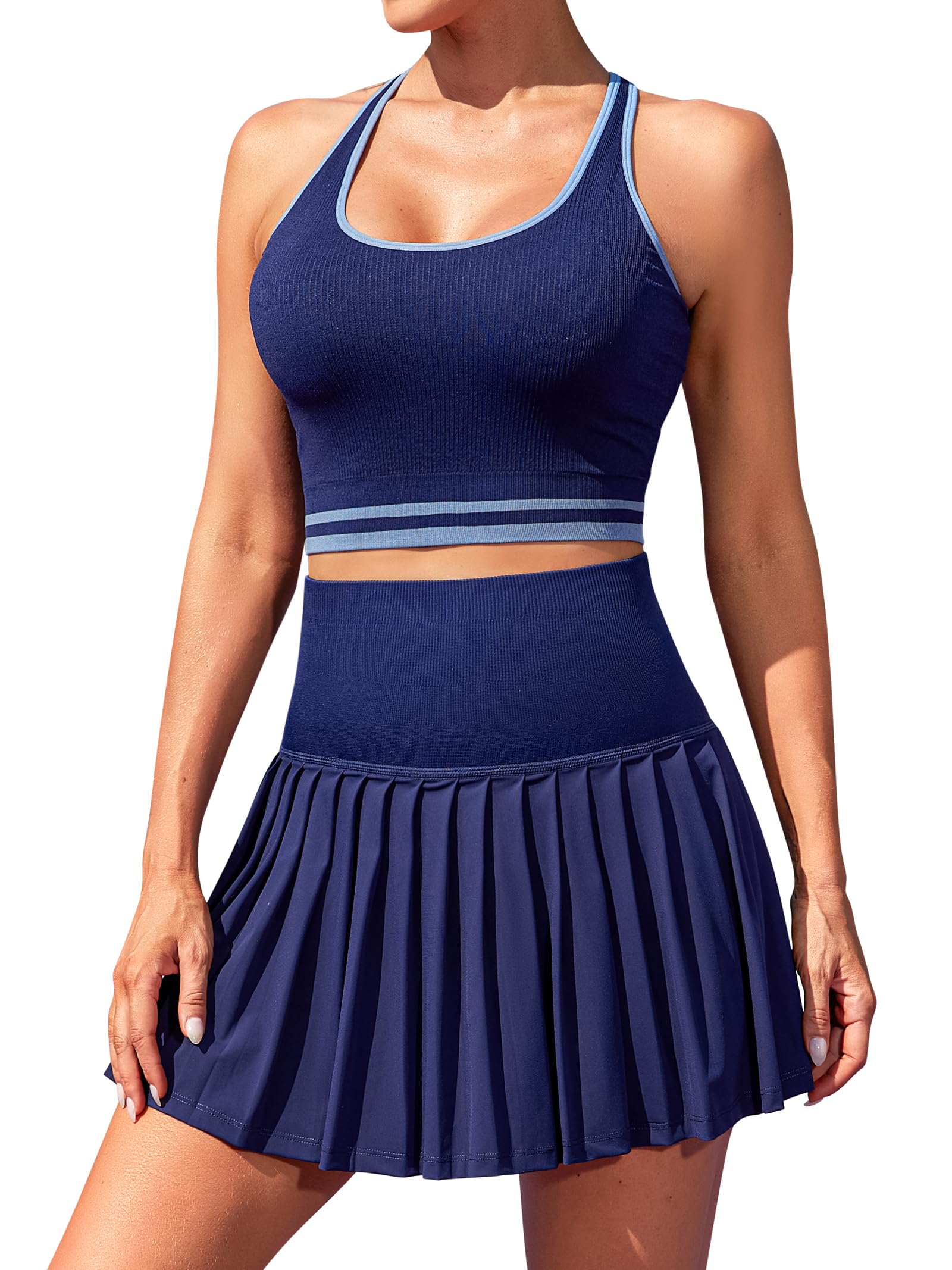 ATTRACO Women's 2-Piece Tennis Dress Set - High Waisted Pleated Skirt & Seamless Colorblock Top | Golf & Tennis Outfit for Women | Perfect for Court Matches, Club Tournaments & Casual Sports Wear