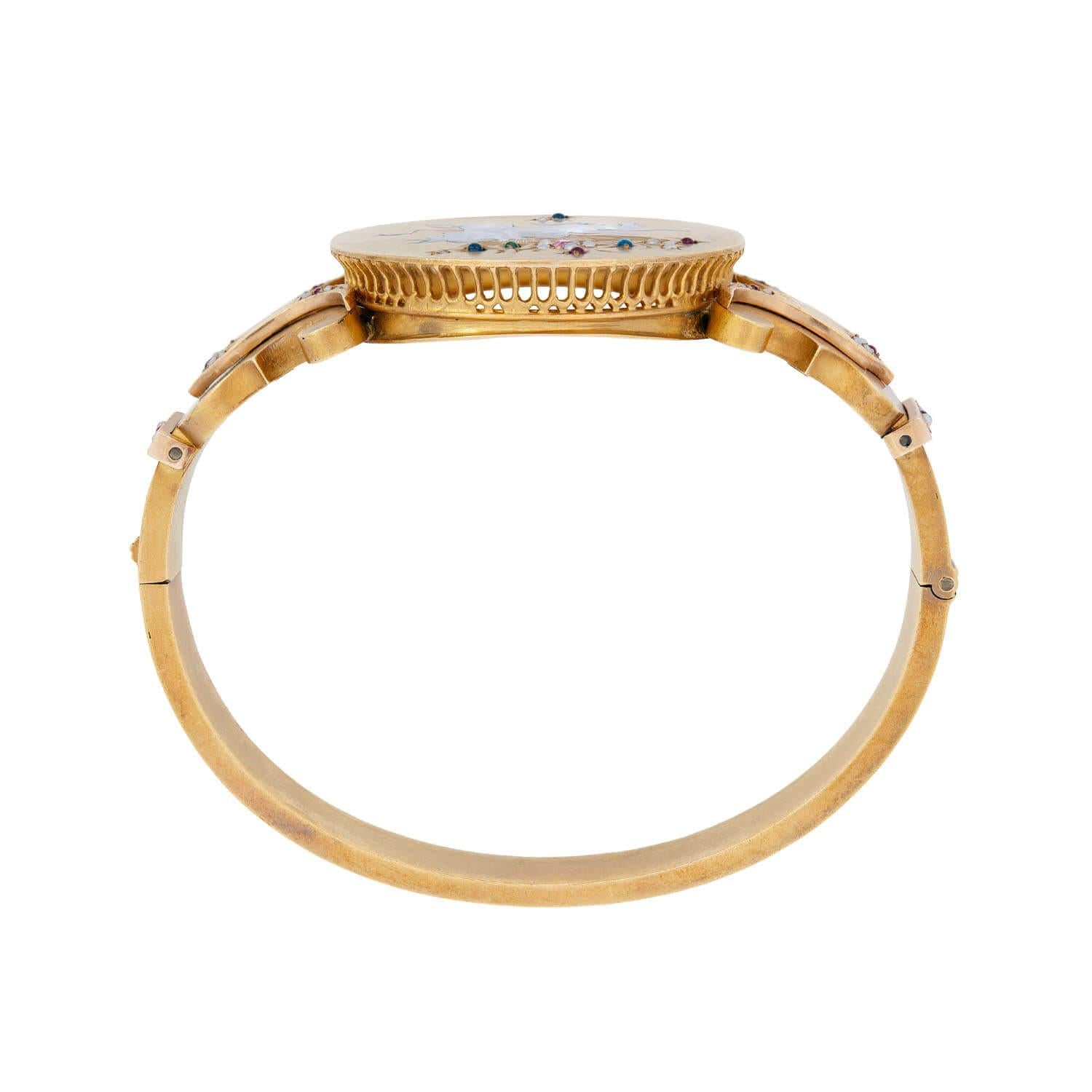 Victorian 18k Gold Bangle with Ruby, Sapphire, Emerald & Pearl Enameled Cherub Design - Elegant Antique Jewelry for Weddings, Parties & Special Occasions