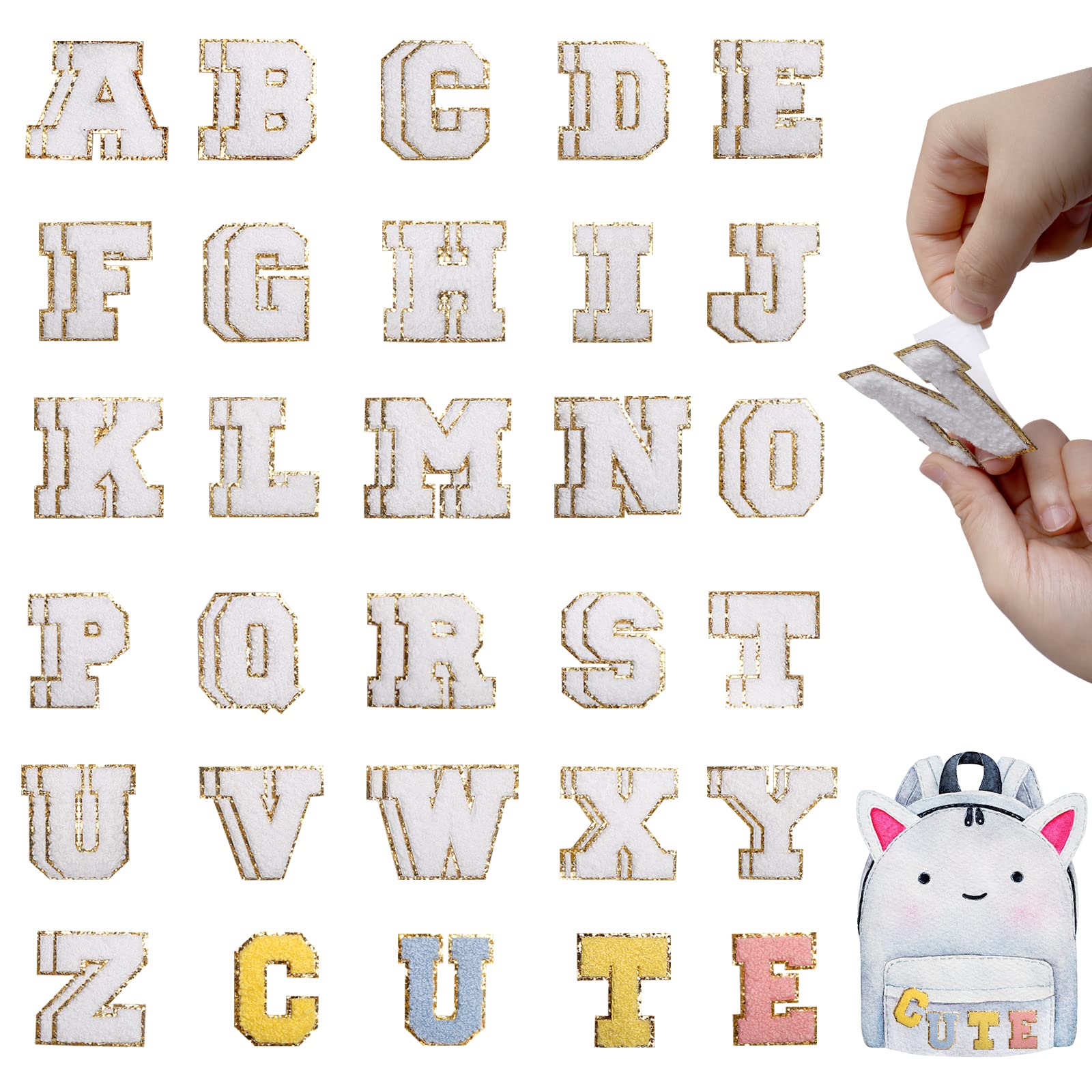 56 PCS 2 Inch Self-Adhesive Chenille Letter Patches - White Alphabet Embroidered Applique for Clothing, Jackets, Backpacks & Hats | DIY Repair & Customization | Perfect for School, Sports & Fashion Styling