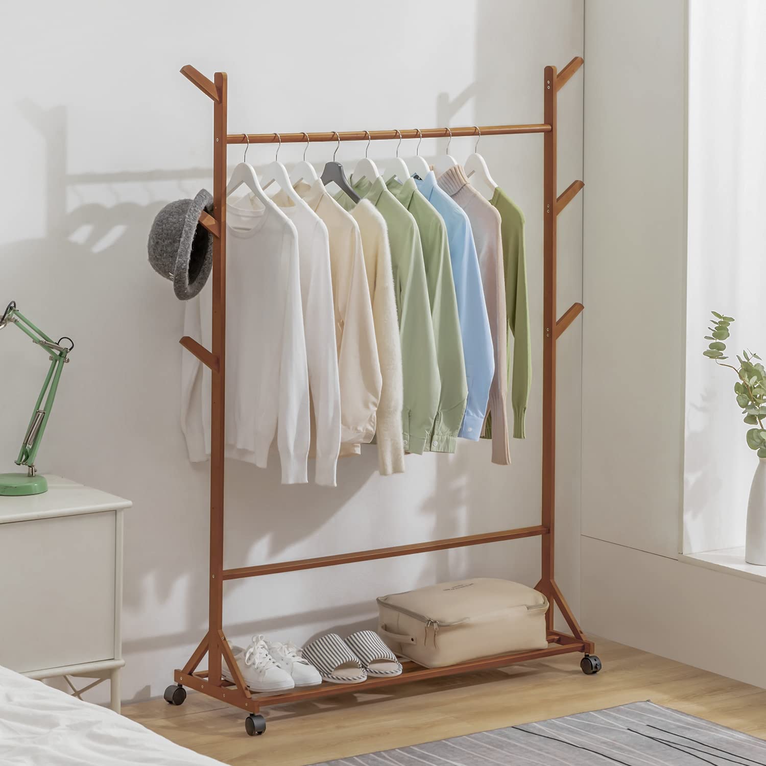 MoNiBloom 2-in-1 Rolling Garment Rack with Wheels & Storage Shelf - Bamboo Free-Standing Closet Organizer with 6 Hooks for Bedroom, Entryway, Office (Brown) | Perfect for Closet Organization, Clothes Display & Small Space Storage