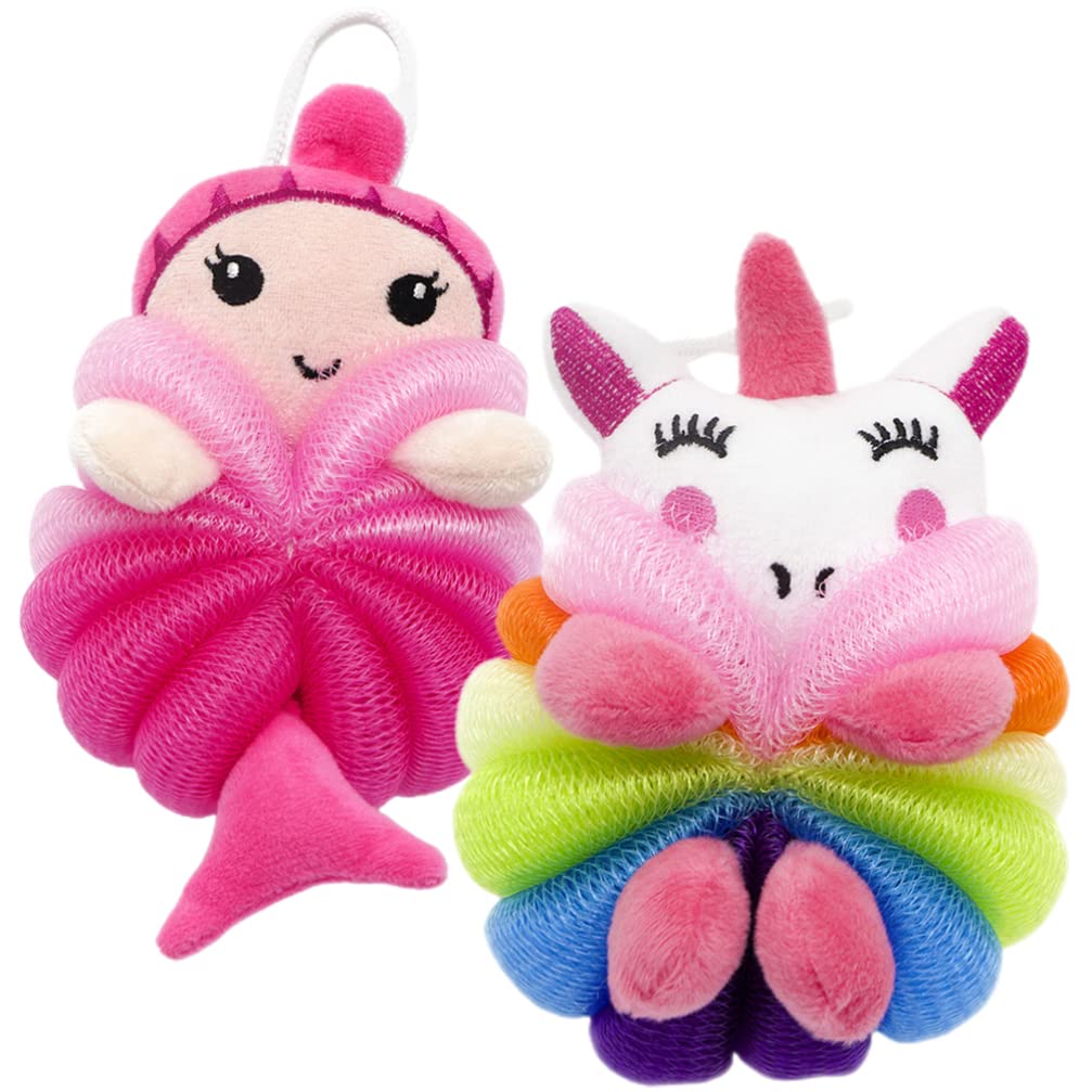 Kisangel 2-Pack Kids Bath Sponge Set - Cute Animal Shower Pouf & Exfoliating Mesh Ball for Gentle Baby Body Wash | Soft Bath Sponges for Toddler Bubble Bath & Sensitive Skin Care
