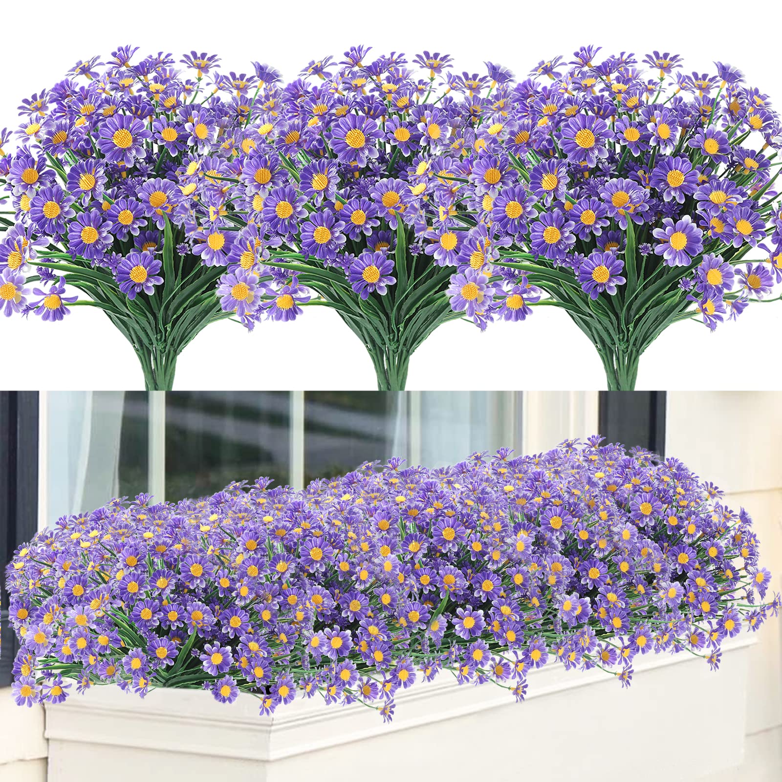 GREENRAIN 24 Bundles Artificial Daisy Flowers - UV Resistant Faux Plastic Flowers for Outdoor Garden, Porch, Window Box Decor - No Fade Purple Fake Flowers for Home, Wedding, Party Decoration