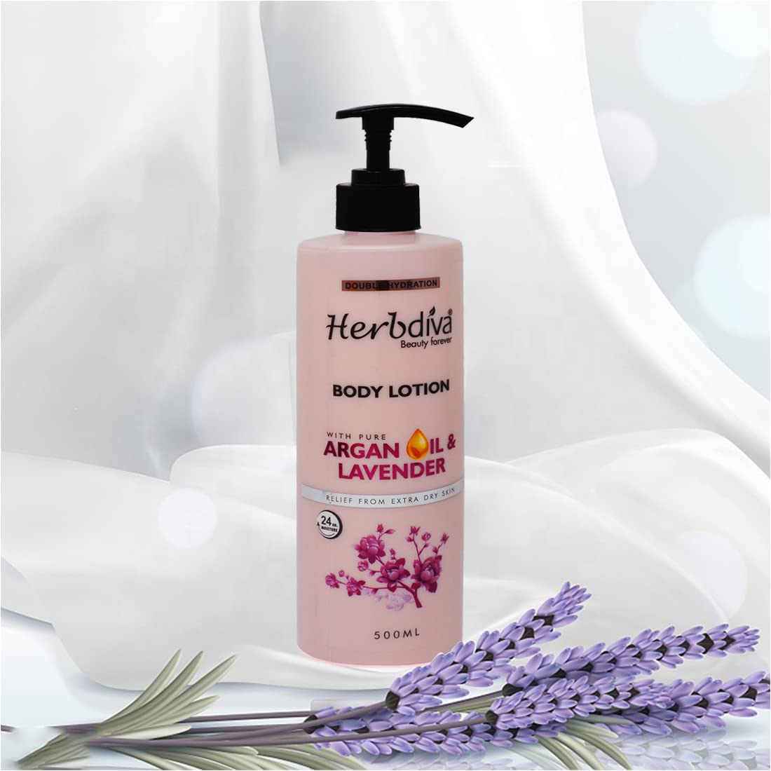 Herbdiva Double Hydration Body Lotion with Argan Oil & Lavender - 24HR Moisturizing Cream for Extra Dry Skin Relief - 500ml - Perfect for Daily Hydration & Nighttime Skin Repair