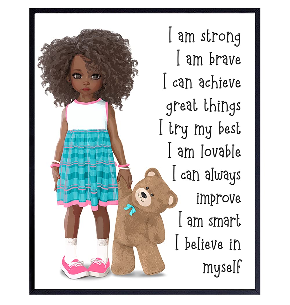 African American Girl Positive Affirmations Wall Art - Inspirational Black Art Decor for Little Girls Bedroom - Motivational Quotes for Toddler Room & Nursery - Perfect for Wall Decor, Gifts & Empowerment