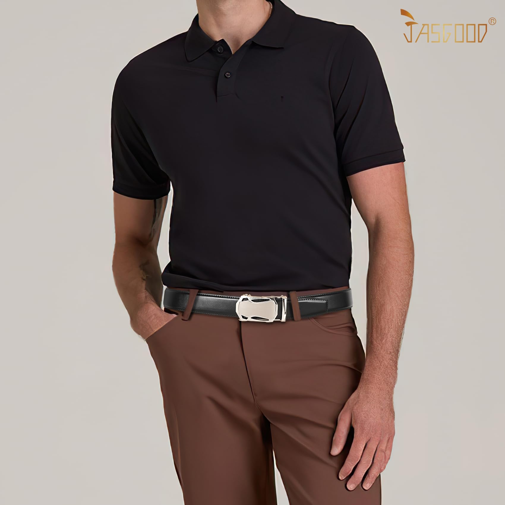 JASGOOR Men's Ratchet Leather Belt - Adjustable Automatic Slide Buckle for Dress & Casual Wear | Comfortable & Trim Fit for Office, Business, Travel & Everyday Use