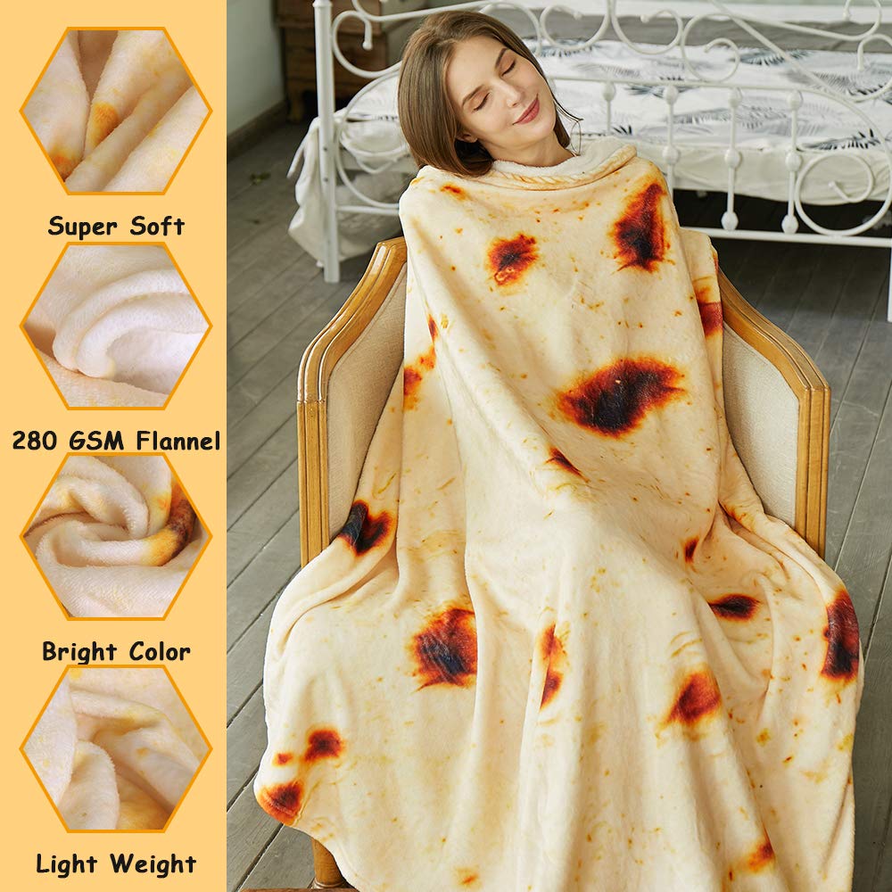 SeaRoomy Giant Tortilla Wrap Blanket - 60 Inch Round Soft Burritos Tortilla Throw for Adults & Kids | Cozy Yellow Blanket for Movie Nights, Camping & Gifts