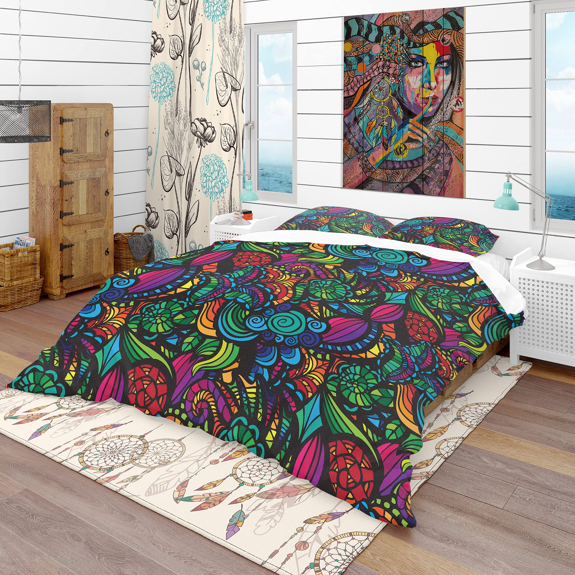 DesignQ Bohemian Floral Mosaic Duvet Cover Set | Eclectic Bedding for Boho Chic Bedrooms | Perfect for Guest Rooms & Master Suites