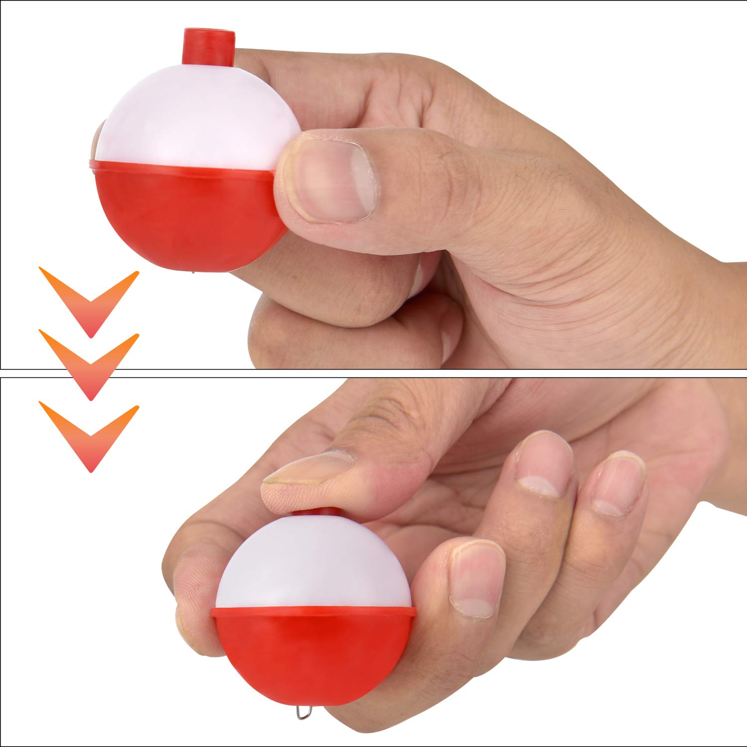Coopay ABS Fishing Bobbers 30-50Pcs Set - Snap-On Round Buoy Floats with Push Button for Freshwater & Saltwater Fishing - Red/White Fishing Tackle Accessories for Bass, Trout, and Catfish