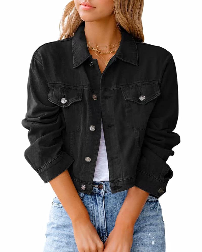 HENGAO Women's Casual Long Sleeve Cropped Denim Jacket - Stylish Distressed Light Wash Denim Coat for Spring & Fall Layering | Perfect for Streetwear, Date Night & Weekend Outfits