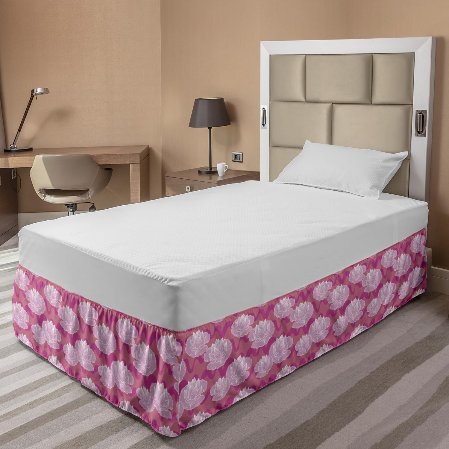 Ambesonne Lotus Bed Skirt - Japanese Waterlilies Floral Design Elastic Dust Ruffle Wrap for Twin/Twin XL Beds | Pink Coral & Pale Pink | Perfect for Bedroom Decor, Guest Rooms & Boho Chic Home Styling