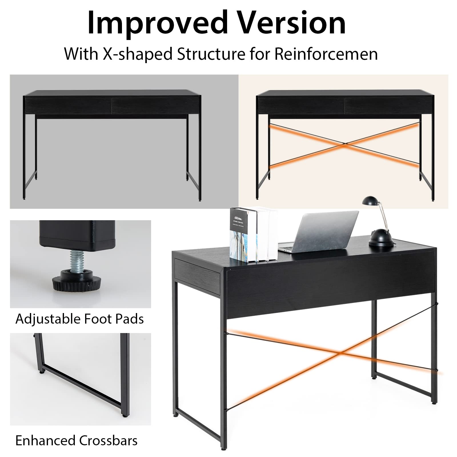 Tangkula 44-Inch Computer Desk with 2 Drawers - Sturdy Wooden Writing Desk with Steel Frame, Home Office Workstation for Laptop & PC - Perfect for Small Spaces, Bedroom, Study Room & Home Office (Black)