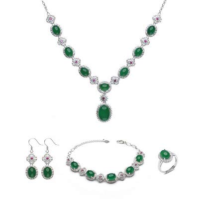 925 Sterling Silver Inlaid Jade Jewelry Set - 4 Piece Ice Seed Chalcedony Bracelet, Necklace, Pendant & Ring | Elegant Gift for Women, Birthday, Anniversary & Special Occasions
