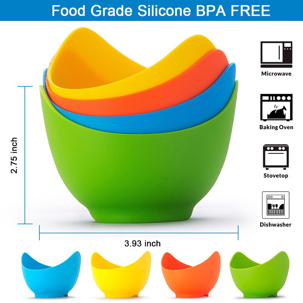Nonstick Silicone Egg Poacher Cups with Stand - 4 Pack BPA-Free Egg Poaching Cups for Stovetop, Air Fryer & Microwave - Includes Bonus Oil Brush - Perfect for Breakfast, Meal Prep & Keto Cooking