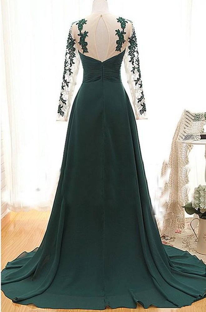 Elegant Dark Green Long Sleeve Round Neck Mother of the Bride Dress with Decorative Details - Perfect for Weddings, Formal Events & Special Occasions