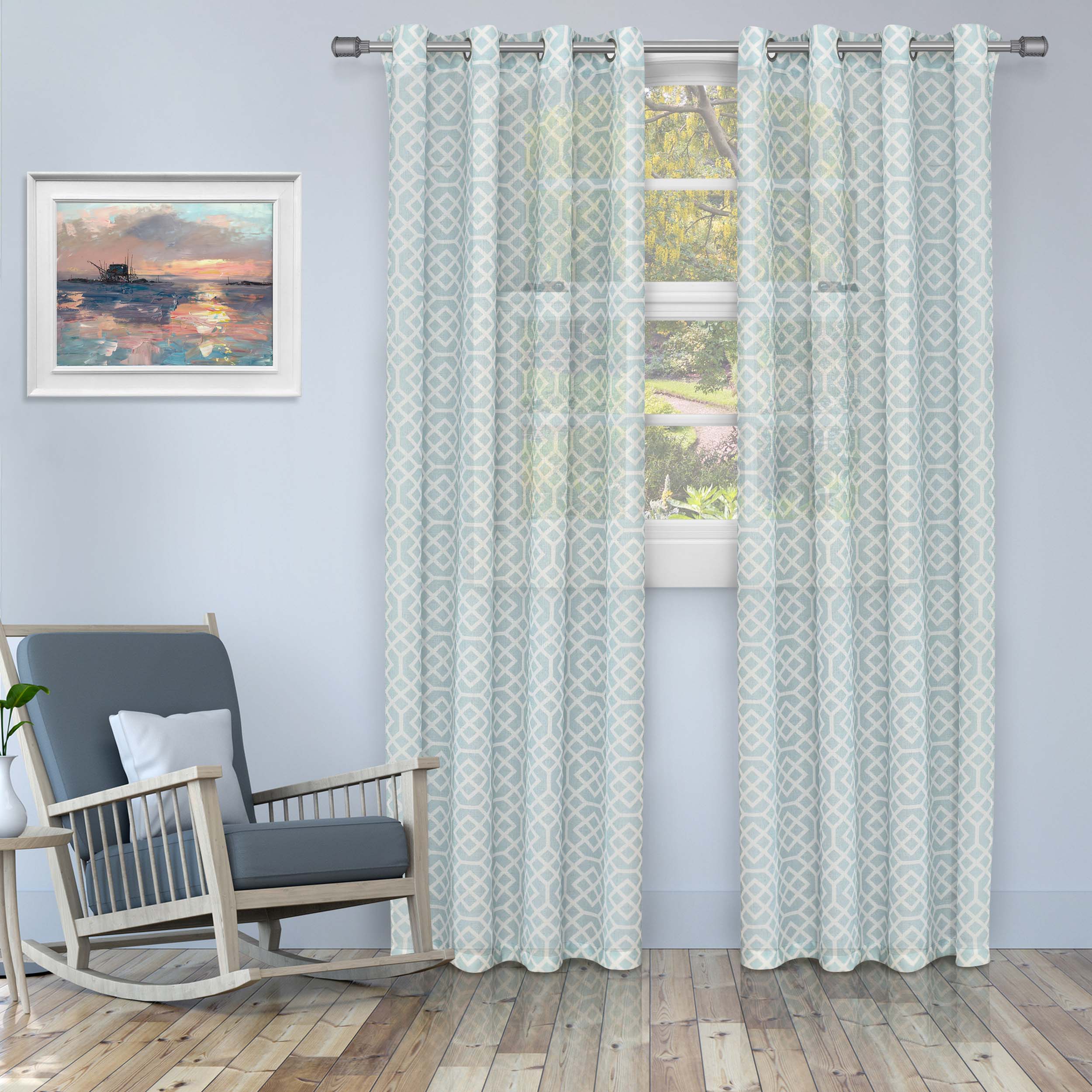 Printed Honey Comb Sheer Curtain Panel Set with Grommet Top Header - Light Filtering Window Treatment for Living Room & Bedroom