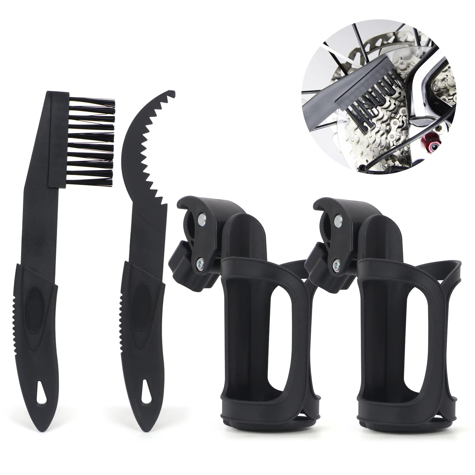 Universal Bike Water Bottle Holder & Brush Tool - 2 Pack for Bicycle, Stroller & Wheelchair - Stay Hydrated on Rides